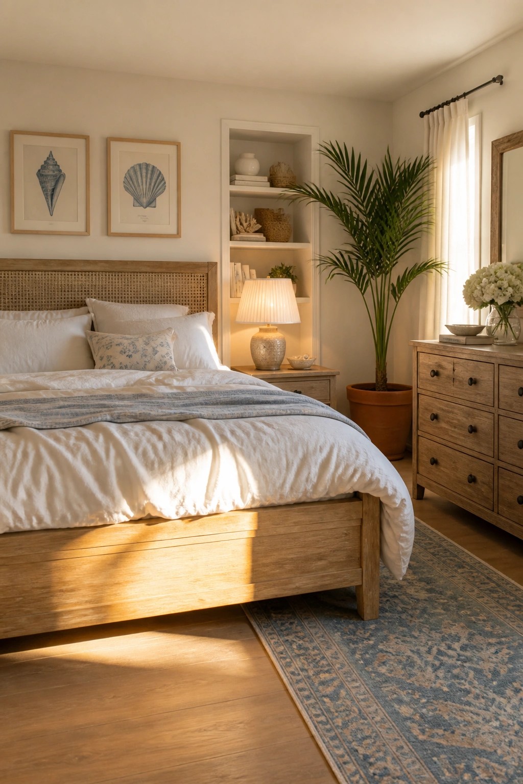 A bedroom interior with light neutral walls, a wooden bed with white bedding, framed shell prints, a built-in bookshelf, and a potted palm near a window.