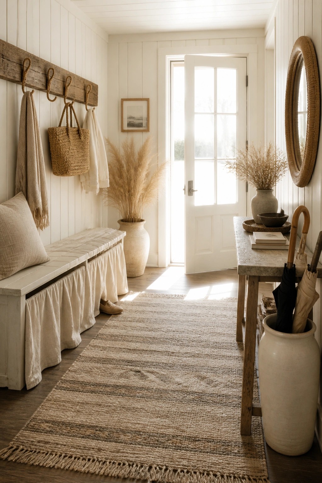 An interior entryway with white walls, a wooden bench with a pillow, a woven rug, pampas grass in a vase, and an open white door.