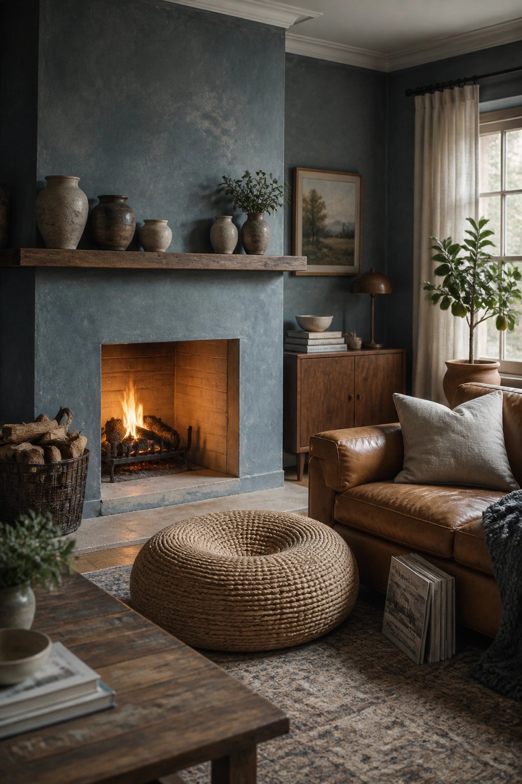 A living room interior with a blue gray plaster accent wall, a lit fireplace with a wooden mantel holding pottery, a brown leather sofa, and a woven ottoman on a patterned rug.