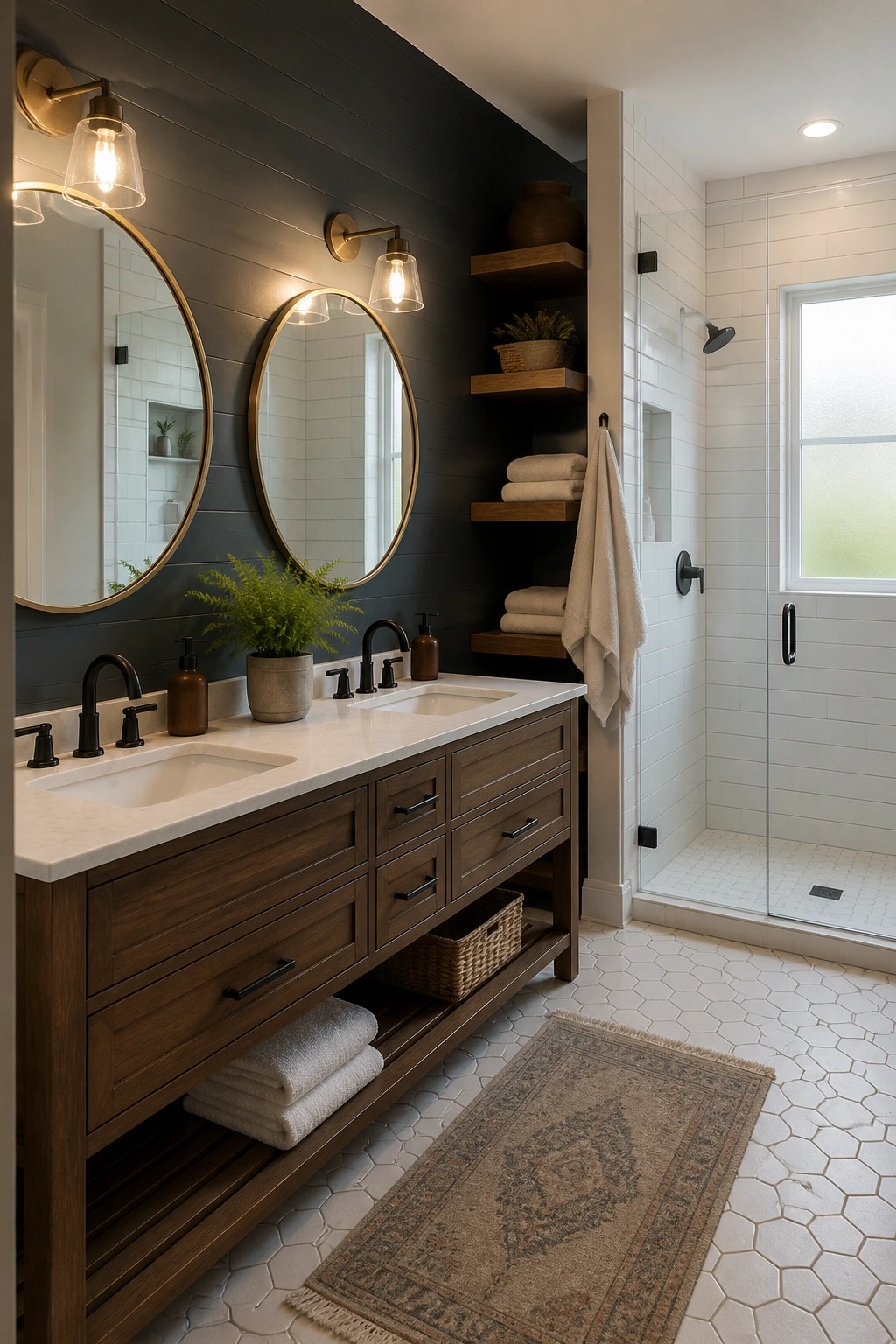 A modern farmhouse bathroom with a dark charcoal accent wall, two round mirrors, a double wood vanity, and an open shower area with white tile.