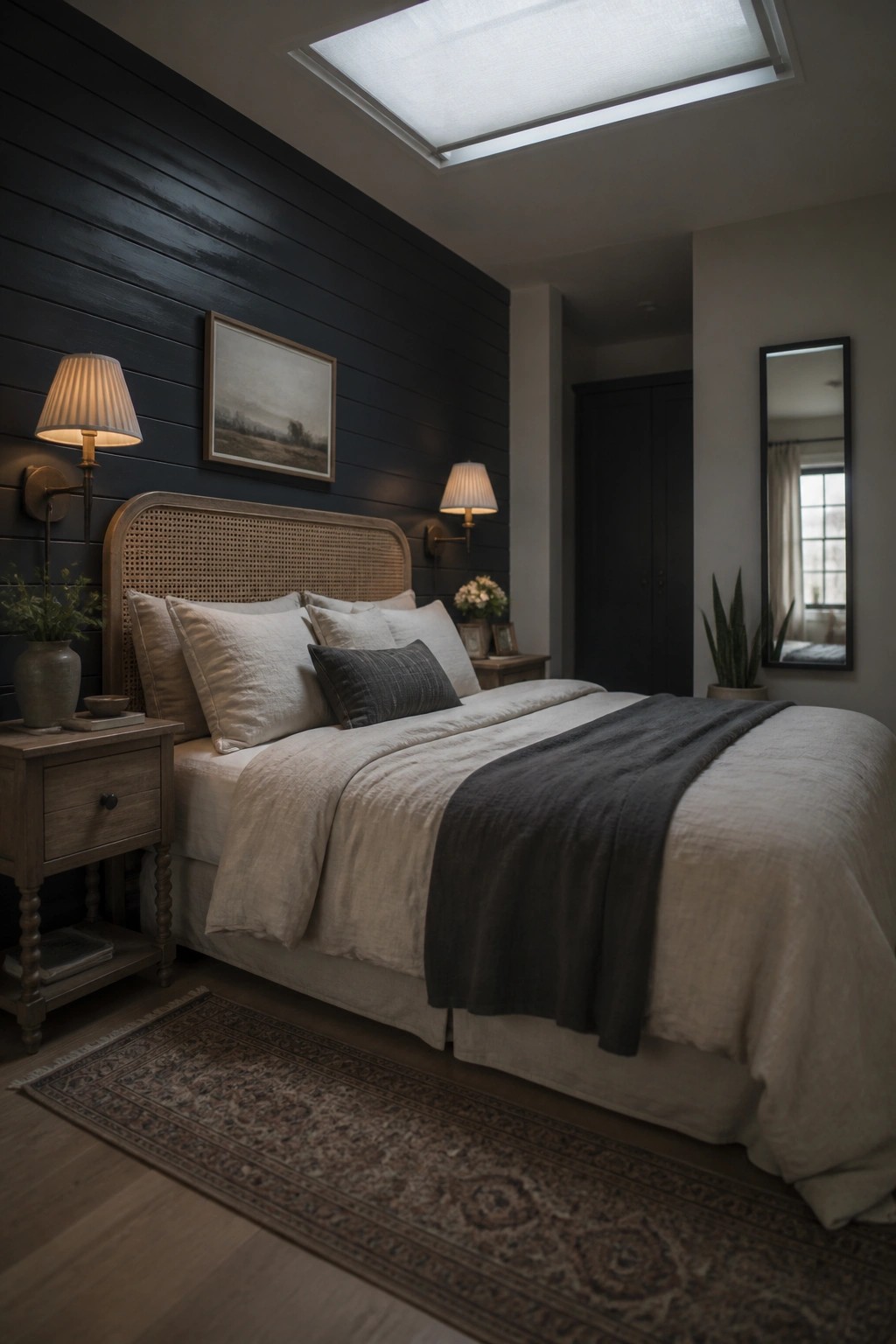 A bedroom featuring a dark horizontal shiplap accent wall behind a bed with light linen bedding, wooden nightstands, and wall sconces.