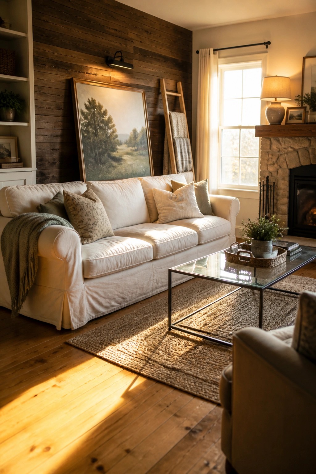 A living room with a white sofa in front of a dark wooden plank accent wall, a large framed landscape painting leaning against it, and sunlight coming through a nearby window.