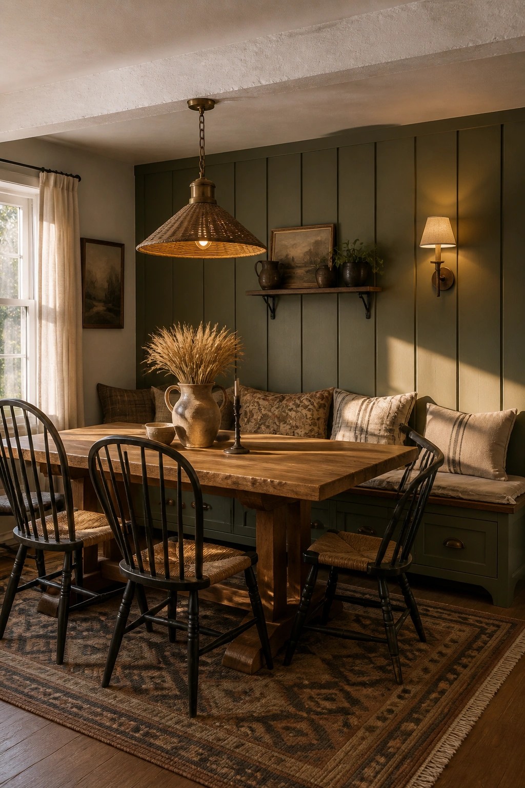 A farmhouse dining room with a wooden table, black spindle-back chairs, and vertical green paneling on the walls.