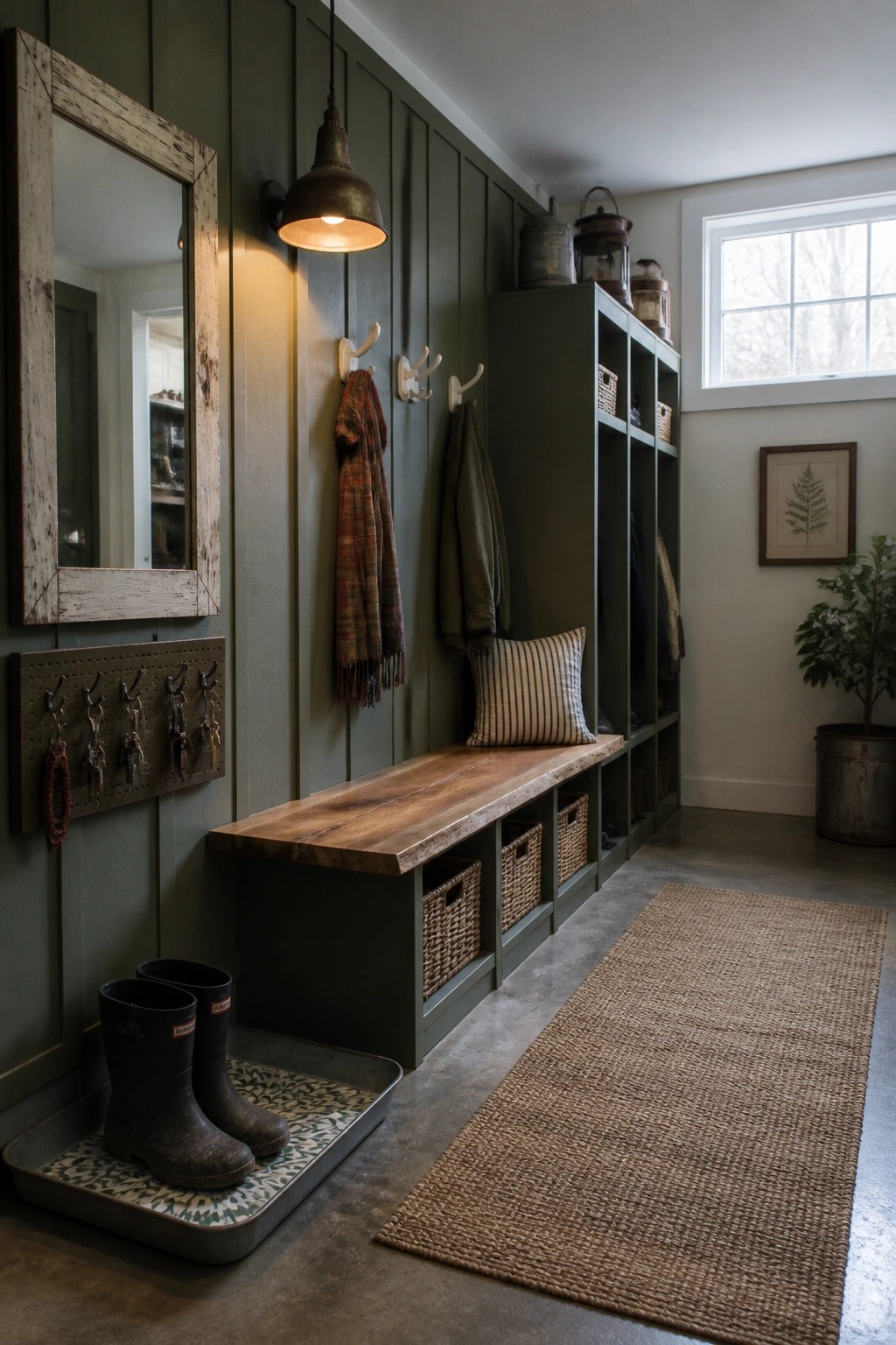 A mudroom with deep green vertical paneling, a long wooden bench with storage baskets underneath, wall hooks holding coats and scarves, a large distressed mirror, and rubber boots on a tray.