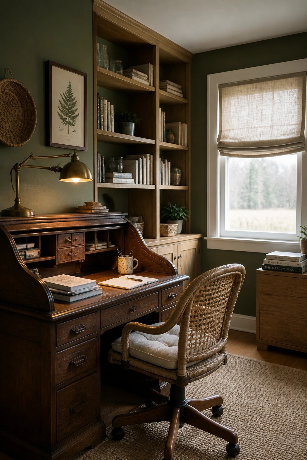 A wooden roll-top desk with a wicker office chair faces built-in bookshelves against a deep green wall in a home study.