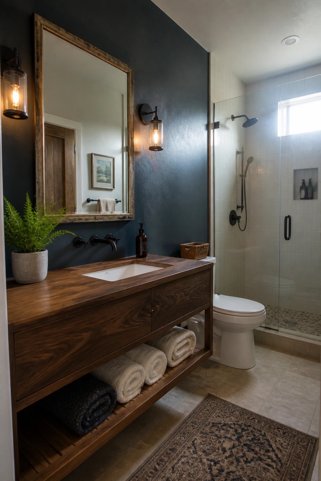 A bathroom interior featuring a dark blue accent wall behind a wooden floating vanity with a white sink, a large mirror, and a glass-enclosed shower visible to the right.