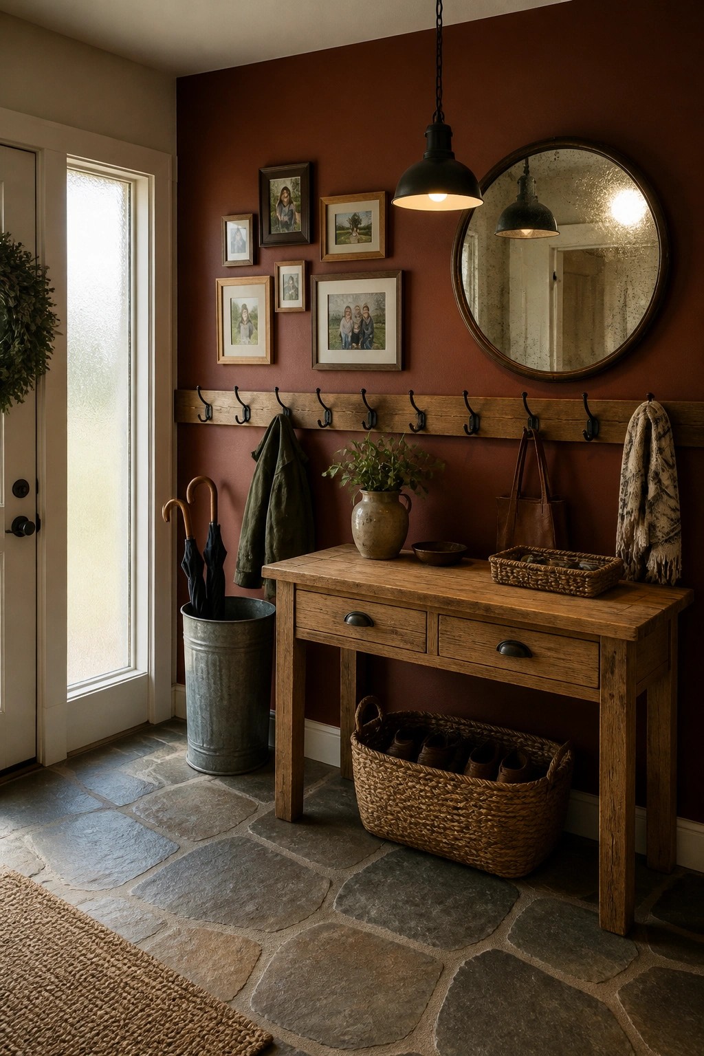 An interior view of a farmhouse entryway with a deep red accent wall, wooden coat rack, console table, and stone floor.