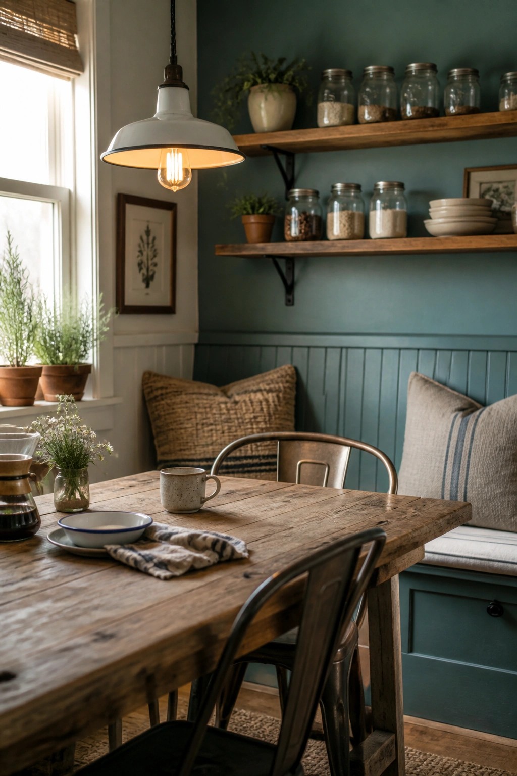 A rustic dining space with a wooden table, metal chairs, and teal walls with beadboard wainscoting and wooden floating shelves.