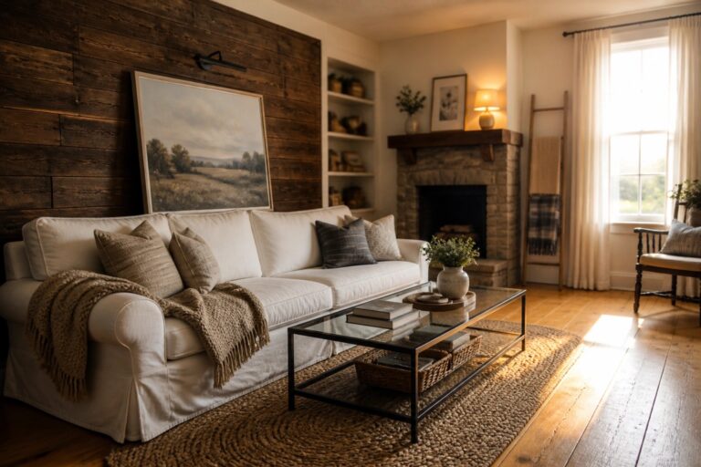 20 Farmhouse Accent Wall Colors to Add Rustic Character A living room with a white sofa in front of a dark wooden plank accent wall, a large framed landscape painting leaning against it, and sunlight coming through a nearby window.