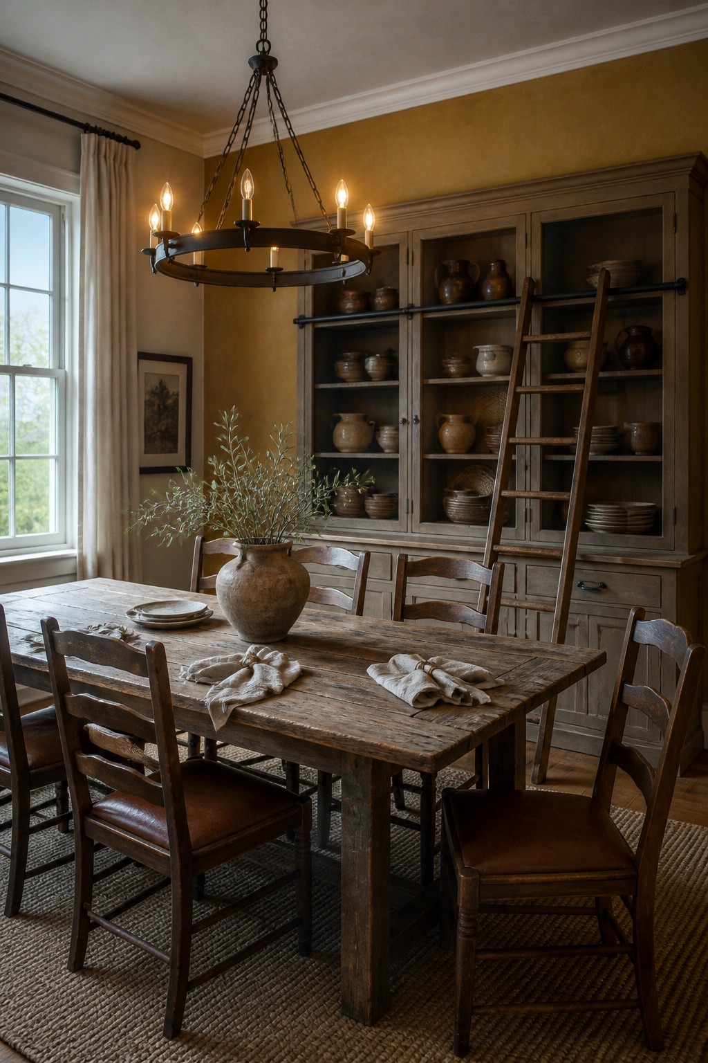 A farmhouse dining room with warm golden yellow walls, a large wooden dining table, and a tall wooden hutch displaying pottery and dishes.