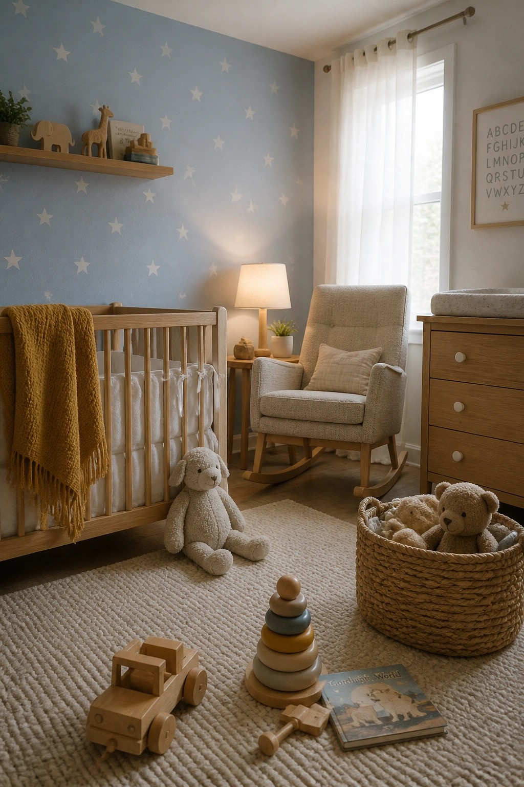 A nursery interior with a light blue accent wall covered in white stars, a wooden crib with a mustard throw, a rocking chair, and toys scattered on a woven rug.