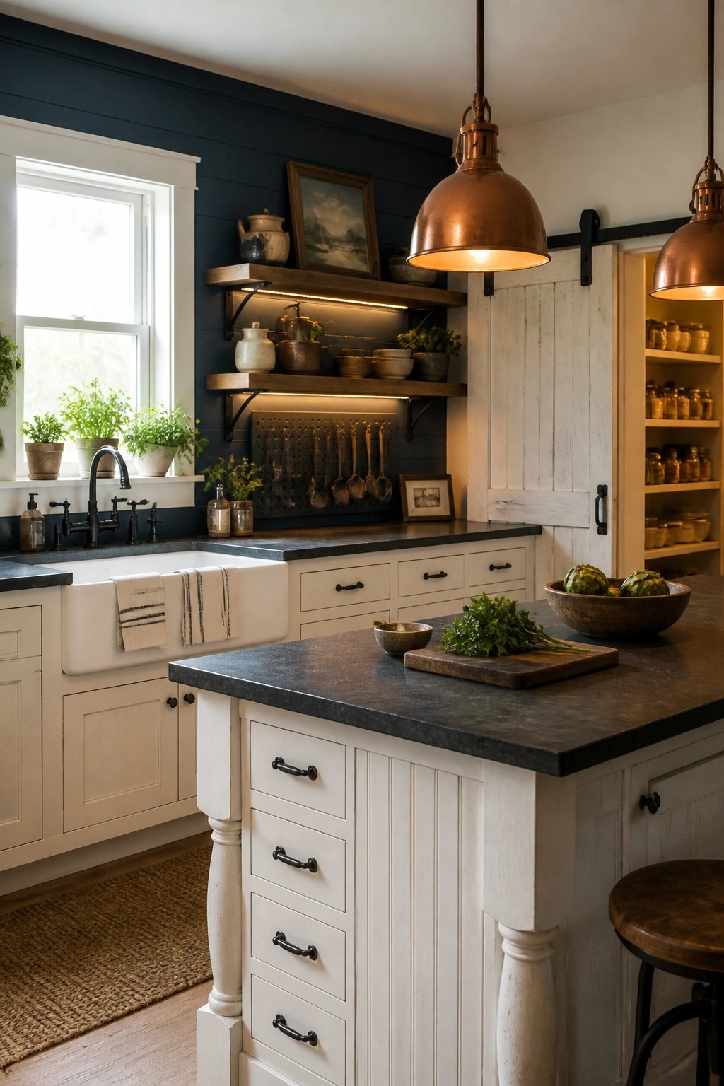 A farmhouse kitchen featuring a dark navy accent wall with open wooden shelves, white cabinetry, a farmhouse sink, and an island with dark stone countertops.