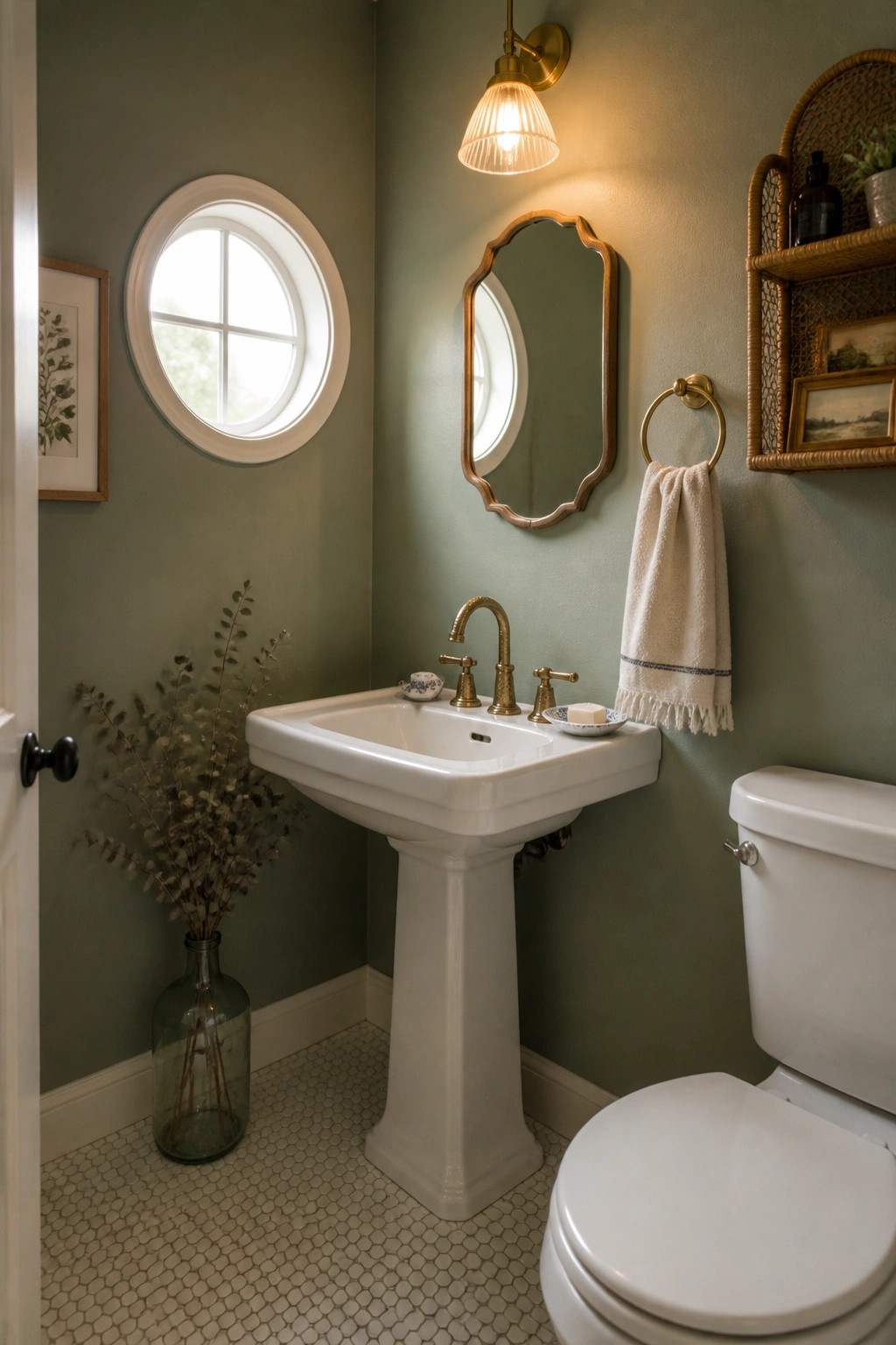 A bathroom with sage green walls, a white pedestal sink, a white toilet, a round window, and brass fixtures.