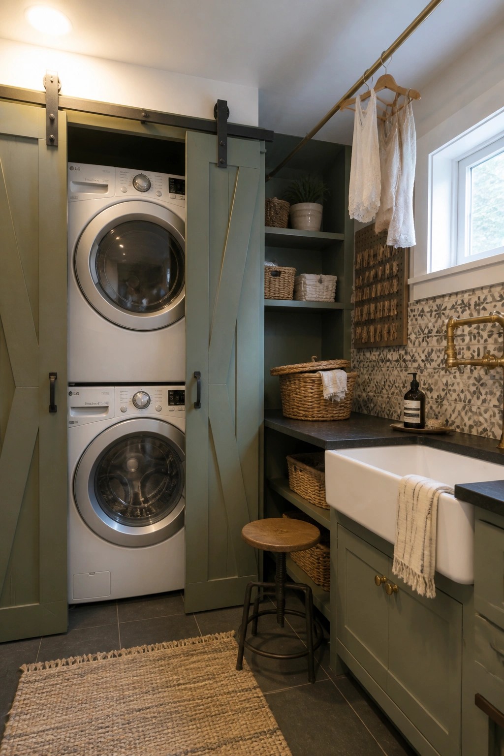 A laundry room featuring stacked white washing machines behind open green barn doors, a white farmhouse sink with a brass faucet, open green shelving with baskets, and a wooden pegboard on the wall.