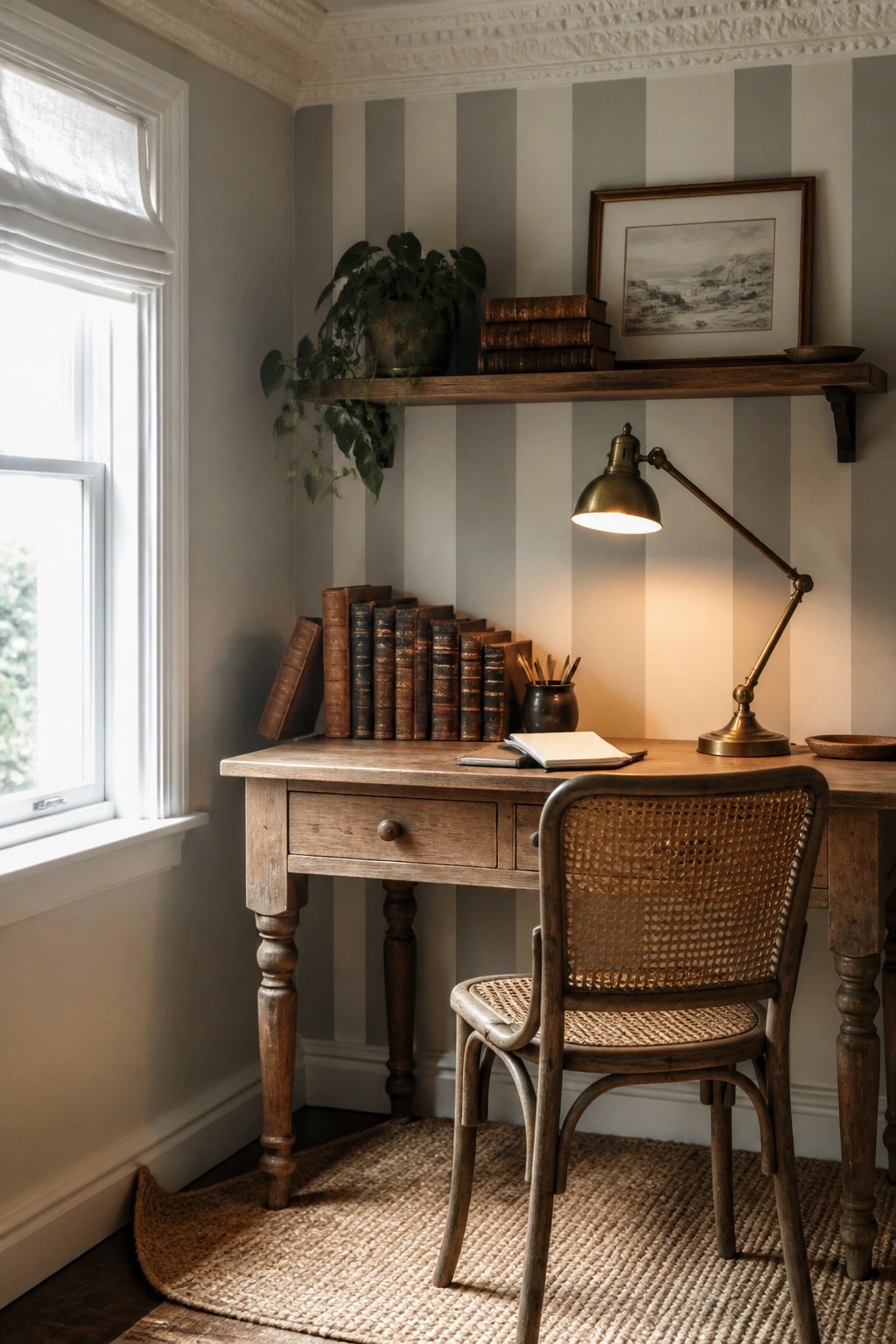A wooden desk with a woven chair sits against a gray striped accent wall in a corner room with a window on the left and a wooden shelf above the desk.
