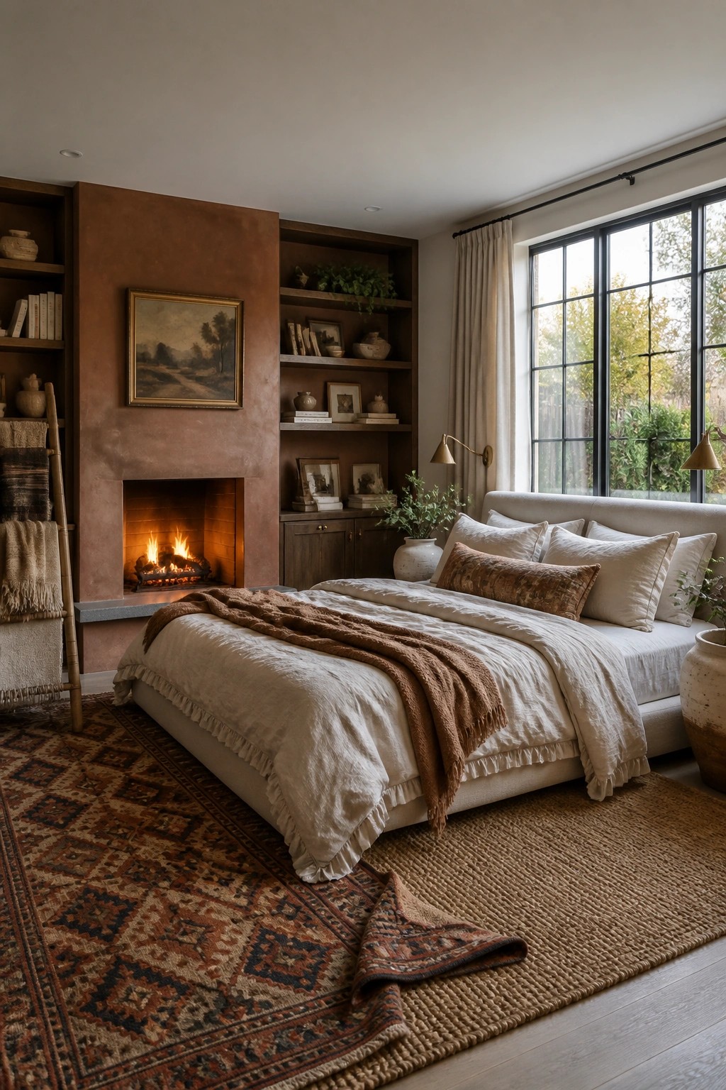 A bedroom with a large terracotta fireplace wall, built-in wooden shelves, and a bed with white and brown bedding.