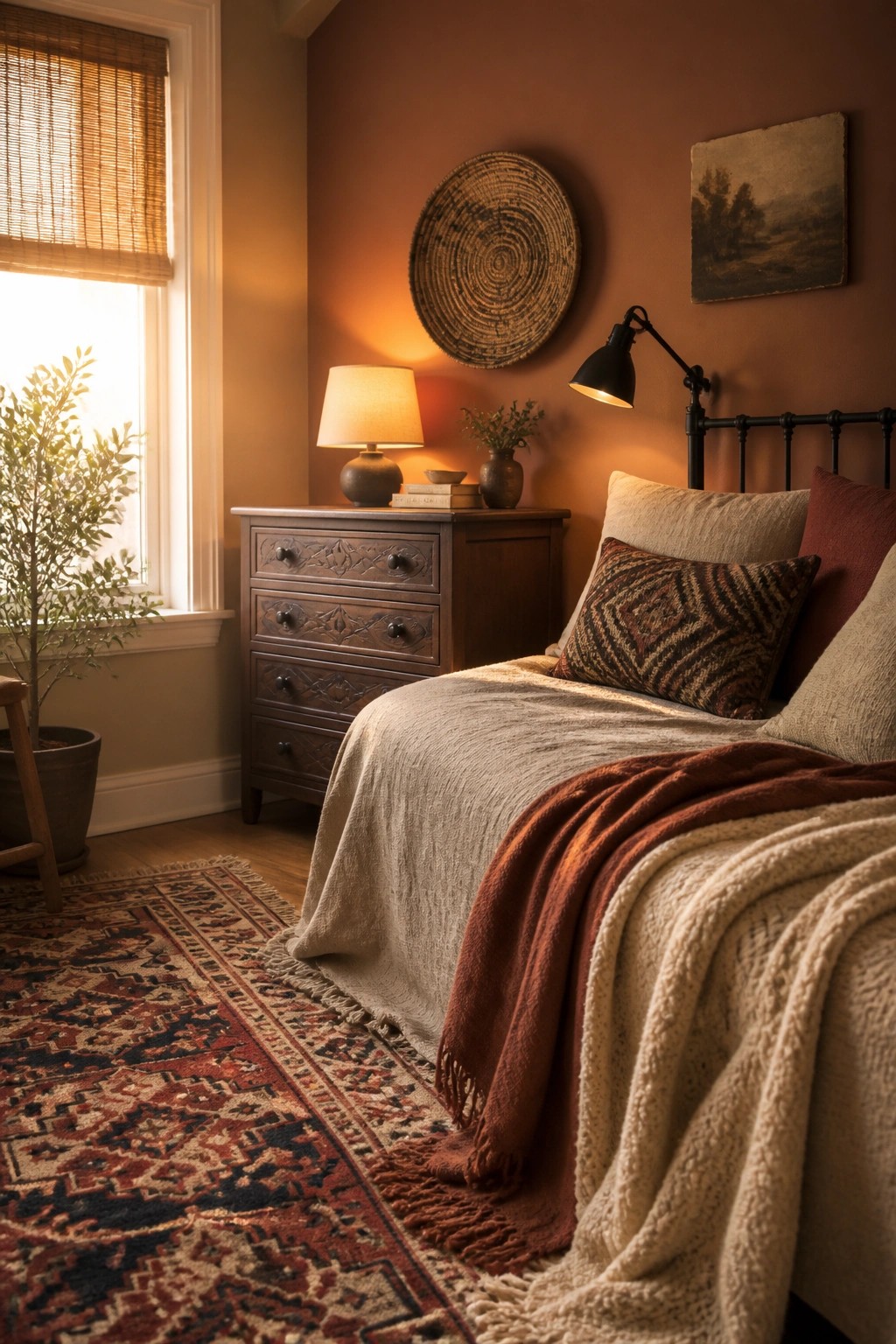 A bedroom interior featuring a terracotta accent wall behind a bed with neutral linens, a wooden dresser with a lamp, woven wall decor, and a window with a bamboo shade.