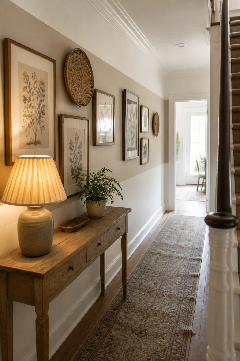 A hallway with beige paint above white wainscoting, a wooden console table holding a lamp and potted plant, and several framed botanical prints on the wall.