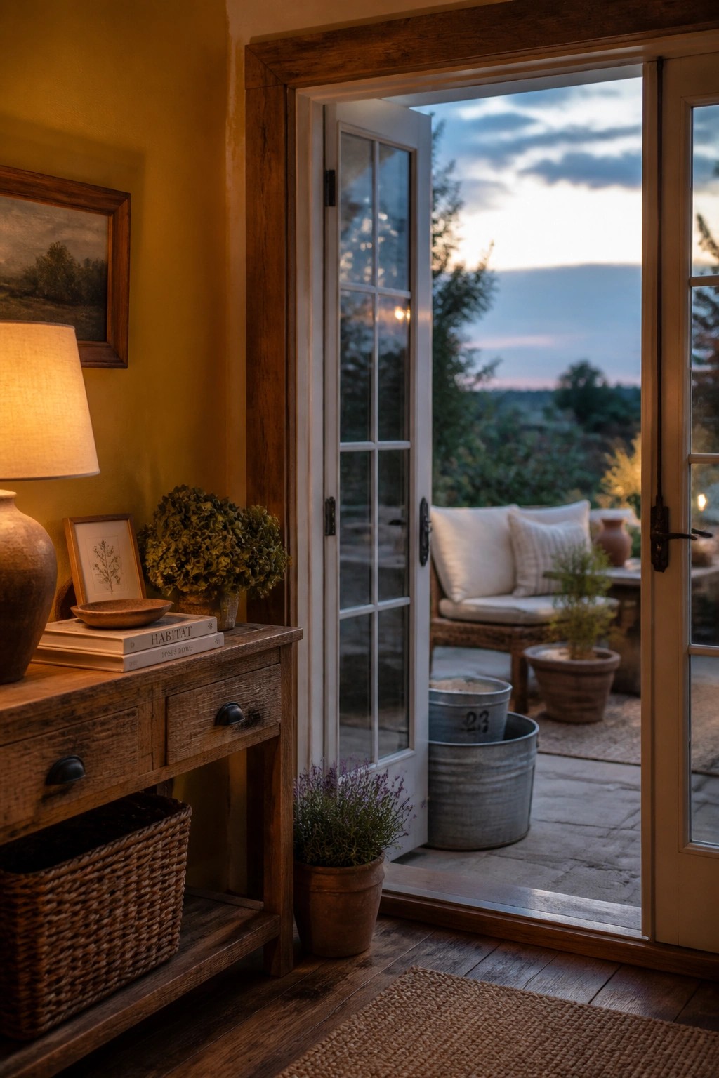 Interior view of a mustard yellow wall with a wooden console table holding books, a lamp, and plants, next to open French doors.