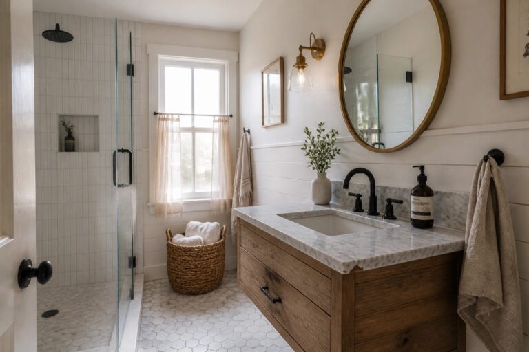 20 Farmhouse Bathroom Paint Colors That Feel Bright and Airy A farmhouse bathroom with white walls, white wainscoting, a floating wood vanity with marble countertop, a round mirror, and a glass shower beside a window.