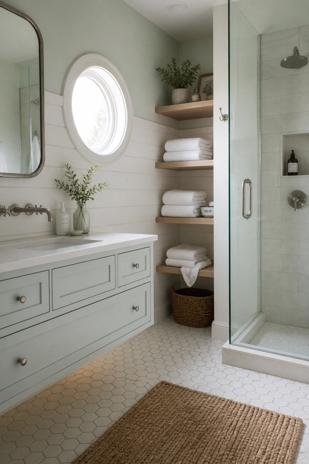 A bathroom with soft green walls above white wainscoting, a white vanity, floating wood shelves holding towels, and a glass-enclosed shower.