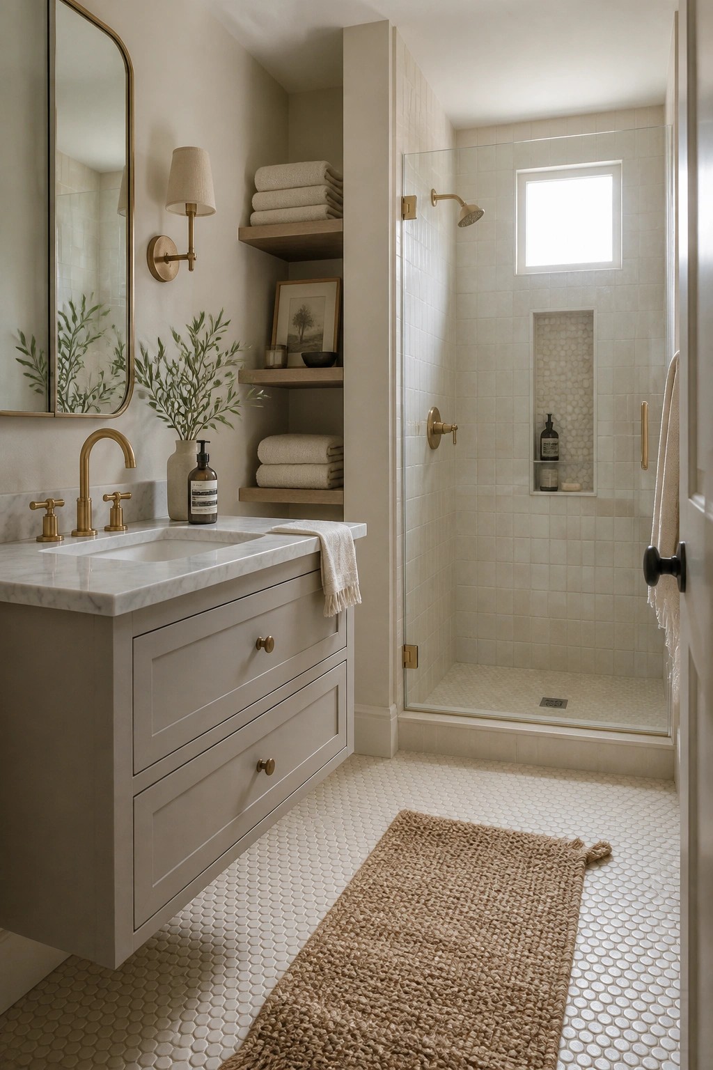 A bright farmhouse bathroom with light neutral walls, a floating light wood vanity, marble countertop, open wooden shelves, and a glass-enclosed shower with white tile.