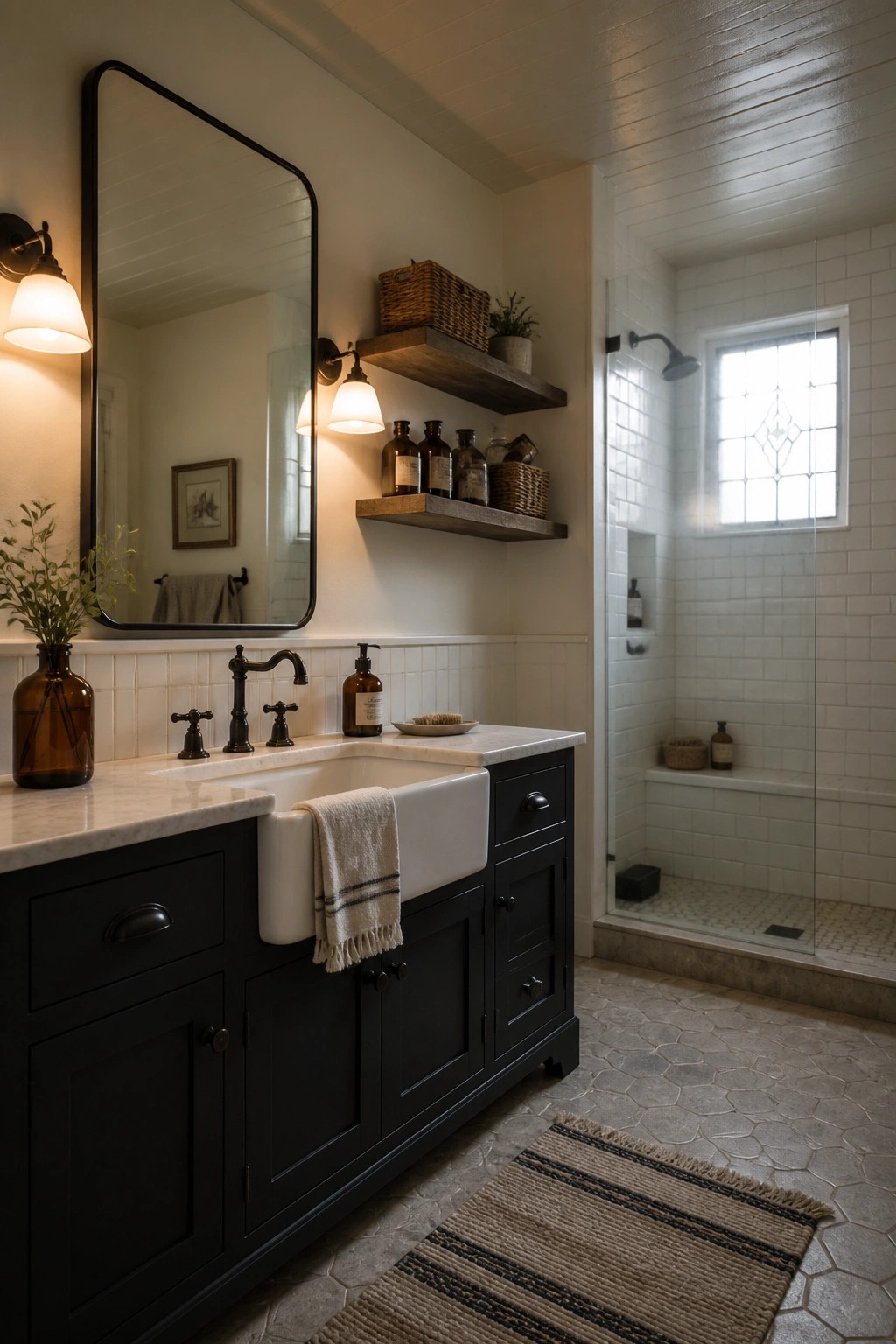A farmhouse bathroom with a black vanity, white farmhouse sink, marble countertop, wooden floating shelves, and a glass shower with white subway tile.