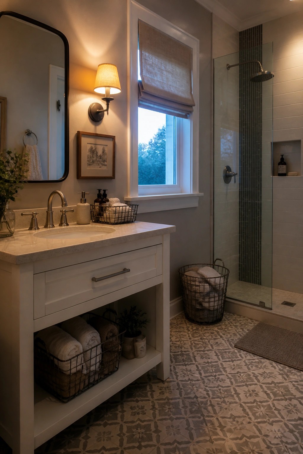 A farmhouse bathroom with a white vanity, marble countertop, light neutral walls, window with shade, and glass shower enclosure.
