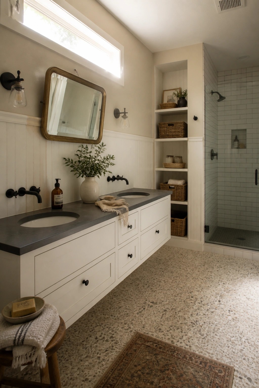 A farmhouse bathroom featuring a floating white vanity with a dark countertop, light neutral walls with white wainscoting, open shelving, and a white-tiled shower.