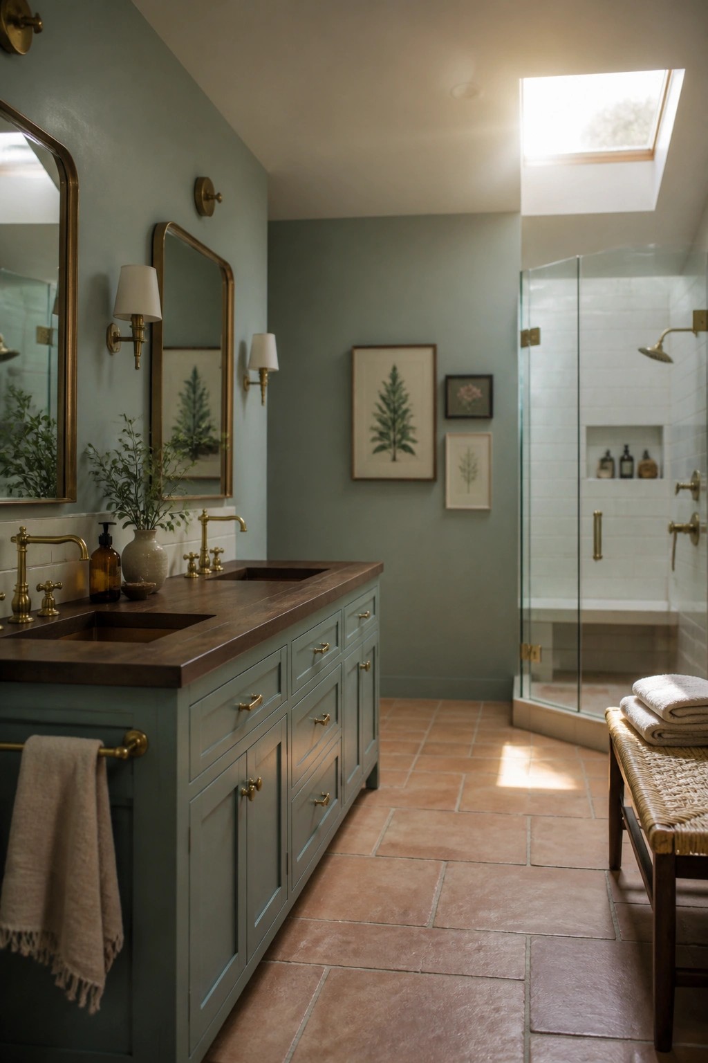 A bathroom with sage green walls, a dark wood vanity, brass fixtures, terracotta tile floor, and a glass shower enclosure under a skylight.
