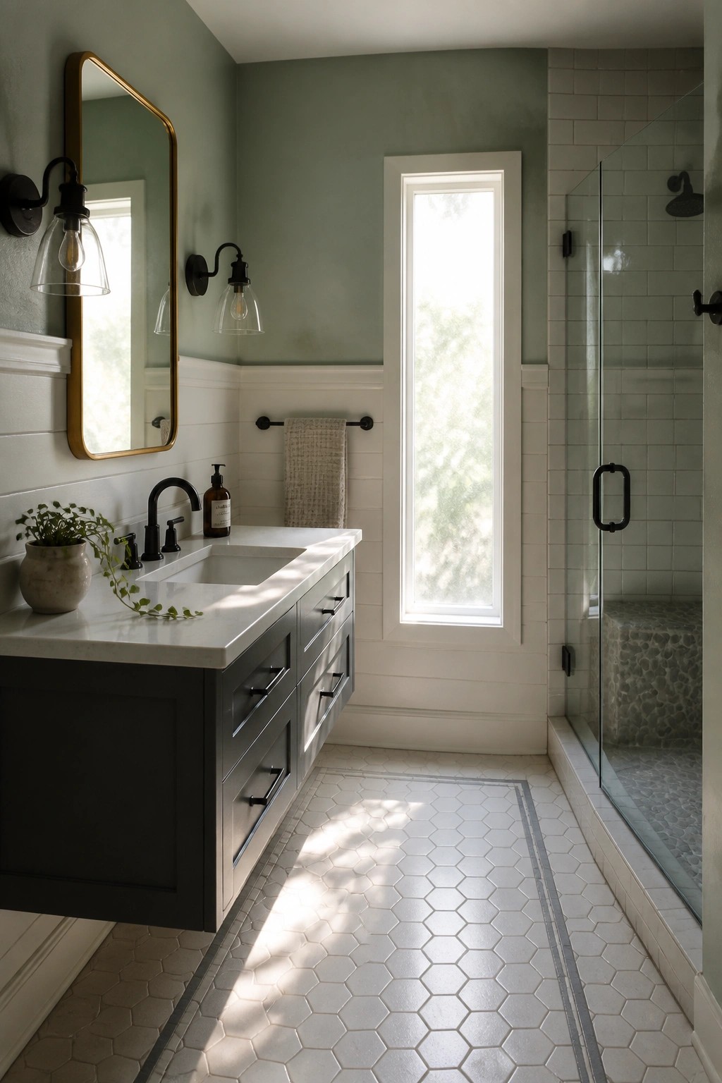 A bathroom interior with sage green walls above white wainscoting, a floating dark vanity with white countertop, black fixtures, a tall window, and a glass shower on the right.