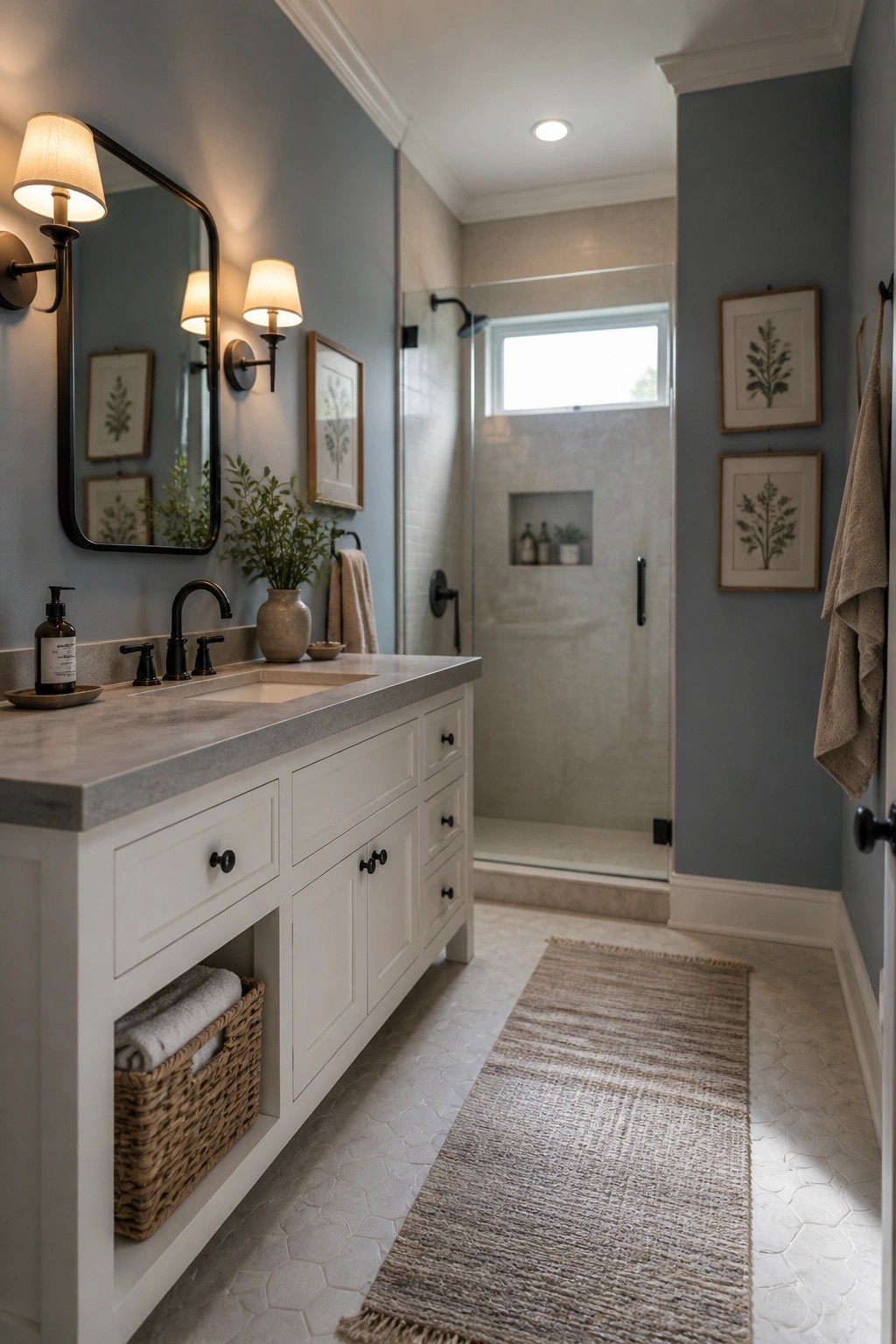 A farmhouse bathroom featuring blue gray walls, a white vanity with gray countertop, and a glass shower in the background.
