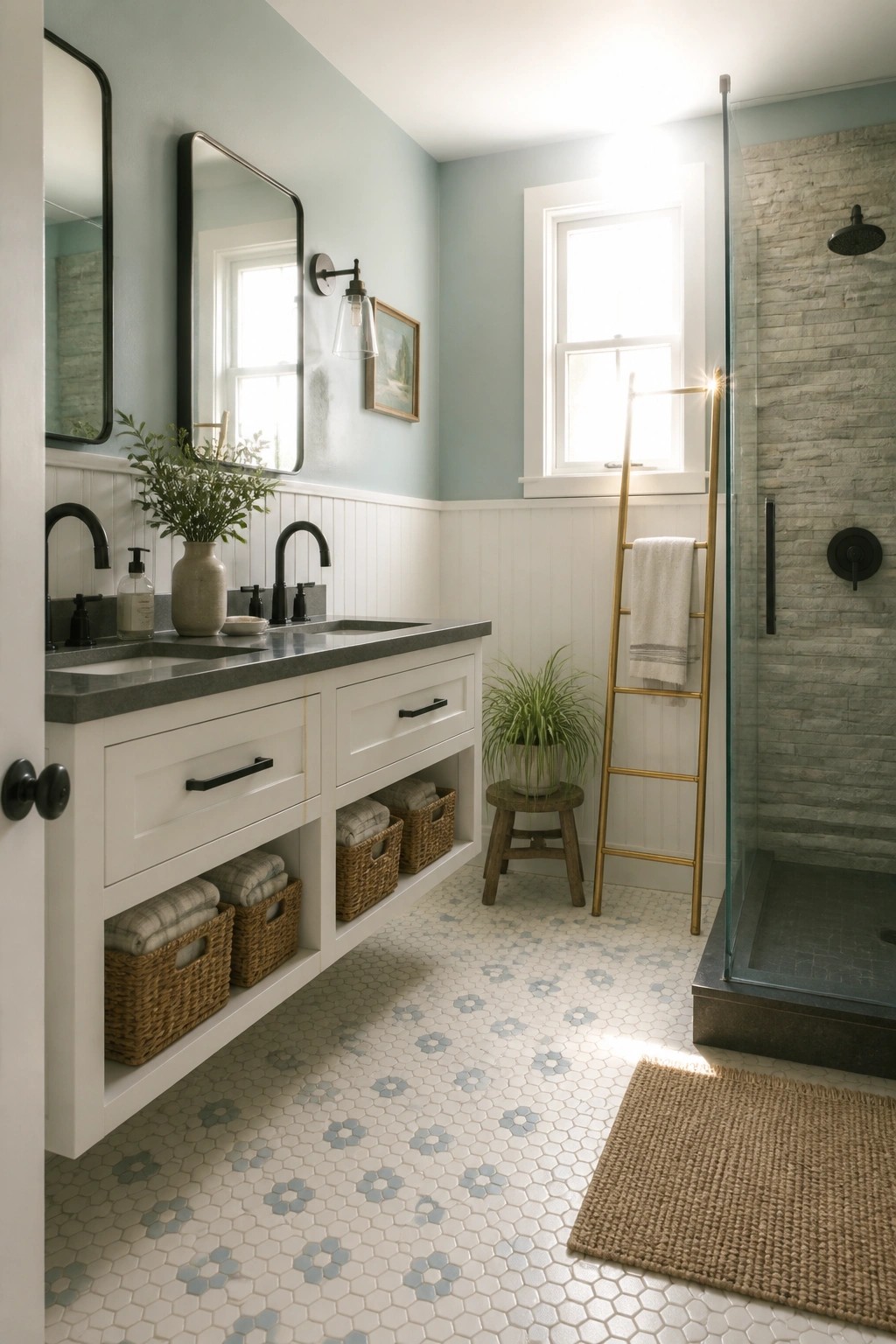 Modern bathroom with white double vanity, blue walls, hexagonal tiles, and stone shower