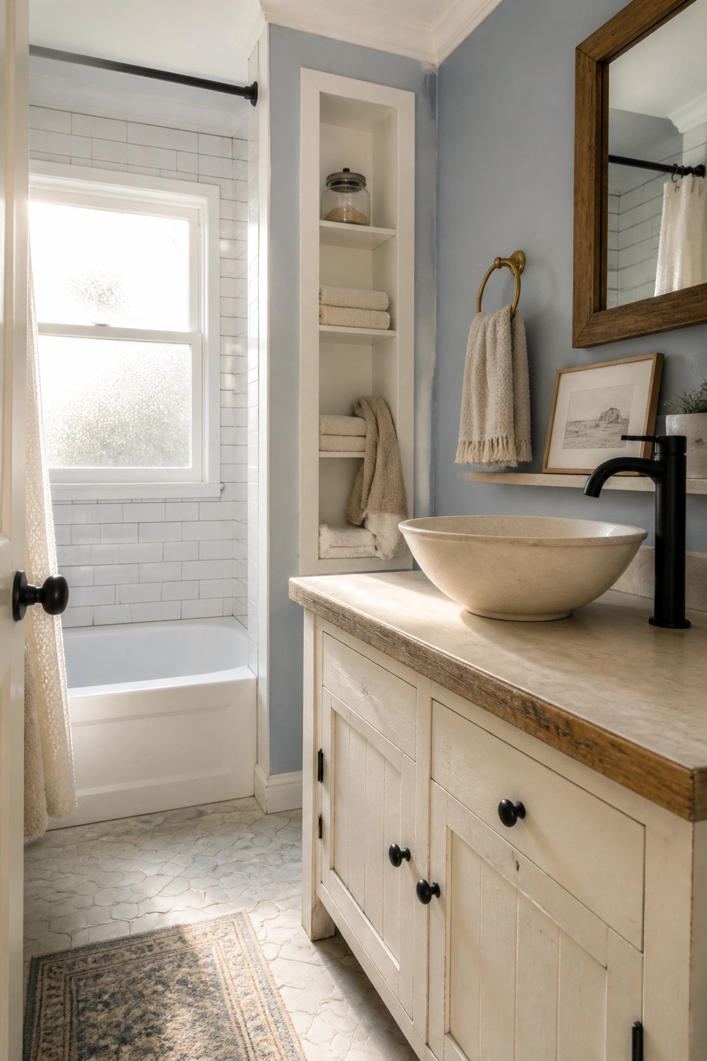 A bathroom featuring light blue walls, white built-in shelving, a white vanity with wood countertop, and a stone vessel sink.