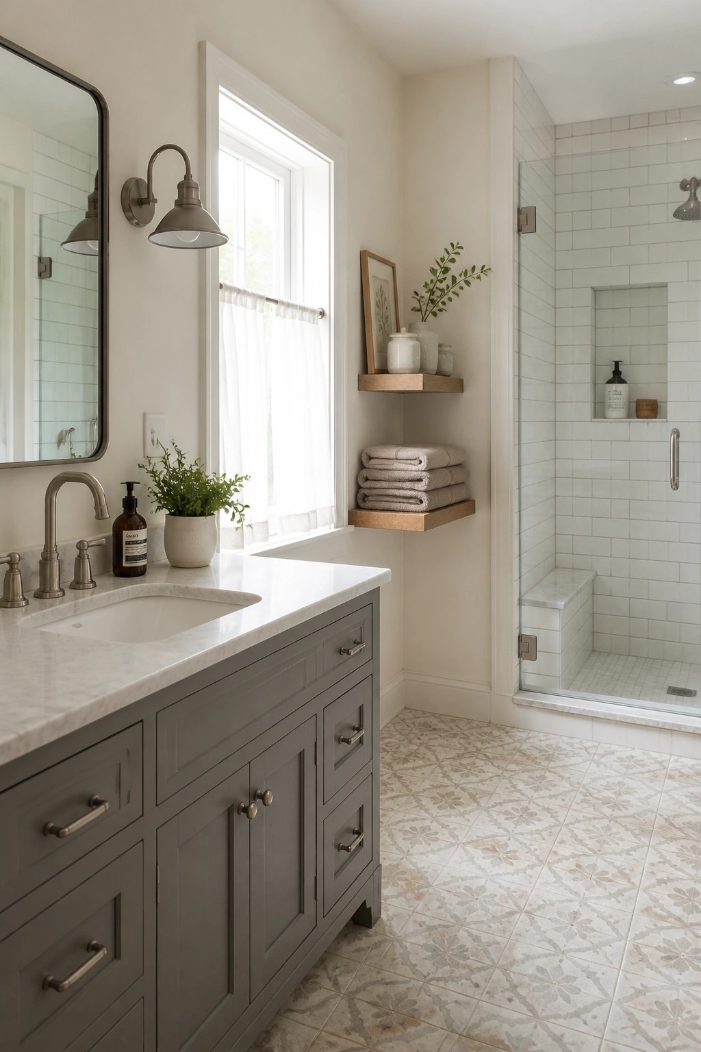 A bathroom with soft off-white walls, a gray vanity topped with white marble, and a white tiled shower.
