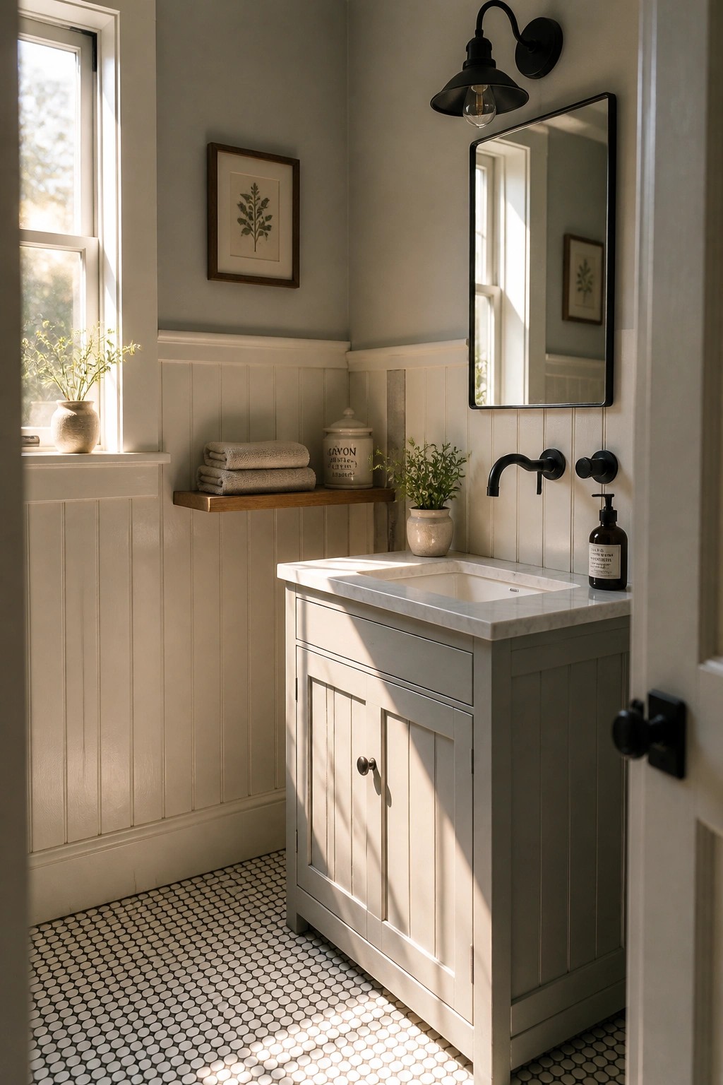 A farmhouse bathroom with soft gray-green walls above white beadboard wainscoting, a light gray vanity with white marble top, black fixtures, and a window on the left.