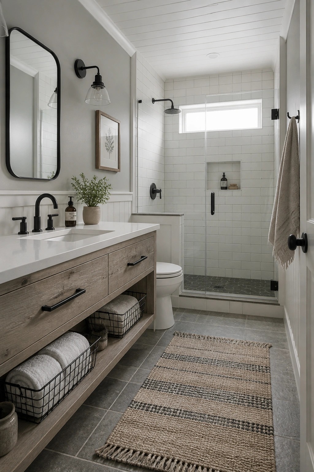 A modern farmhouse bathroom featuring light gray walls, white subway tile in the shower, a wood vanity with black fixtures, and a striped woven rug on gray tile flooring.