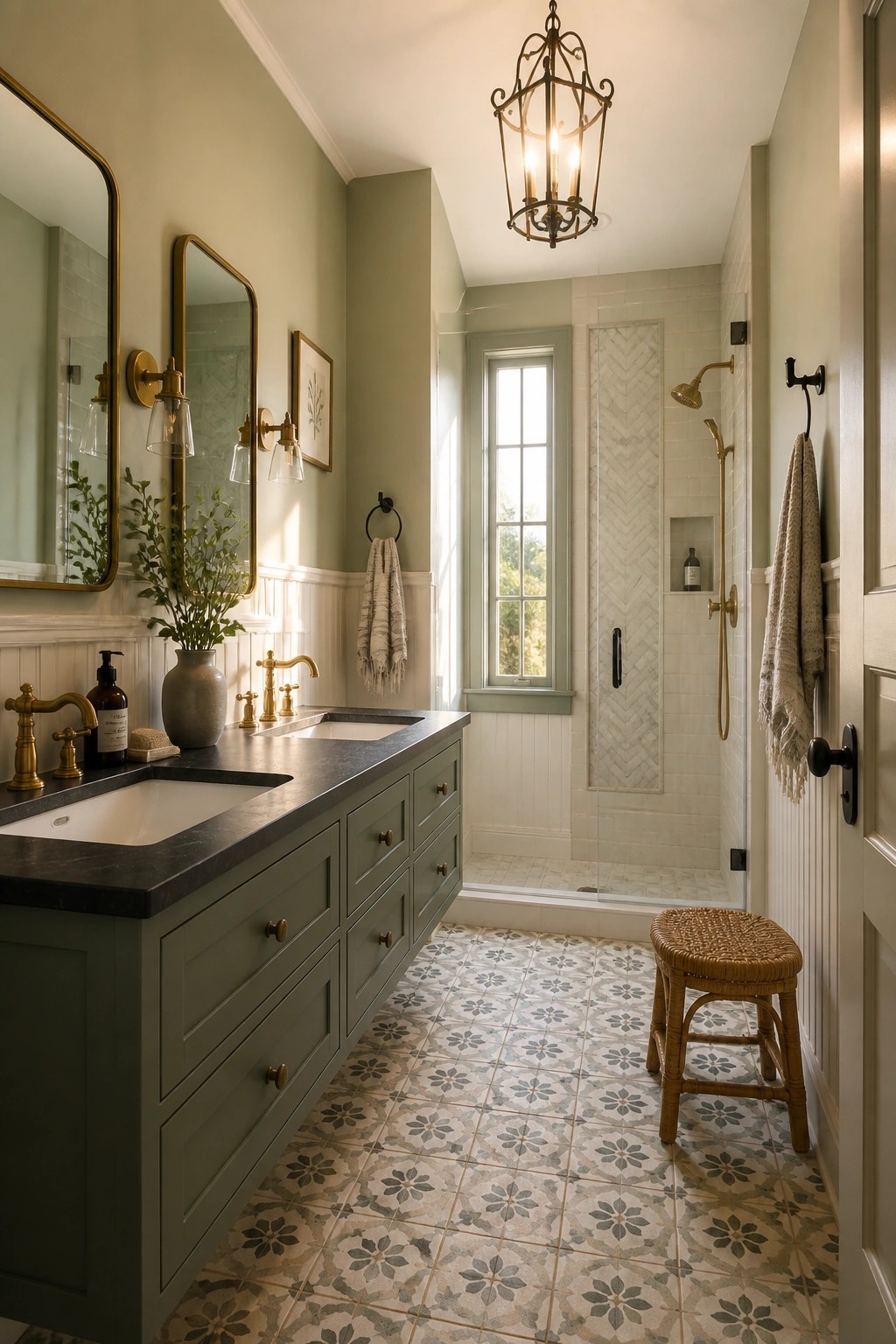 A bathroom with sage green walls, white wainscoting, a dark green vanity with two sinks, patterned tile floor, and a glass-enclosed shower.