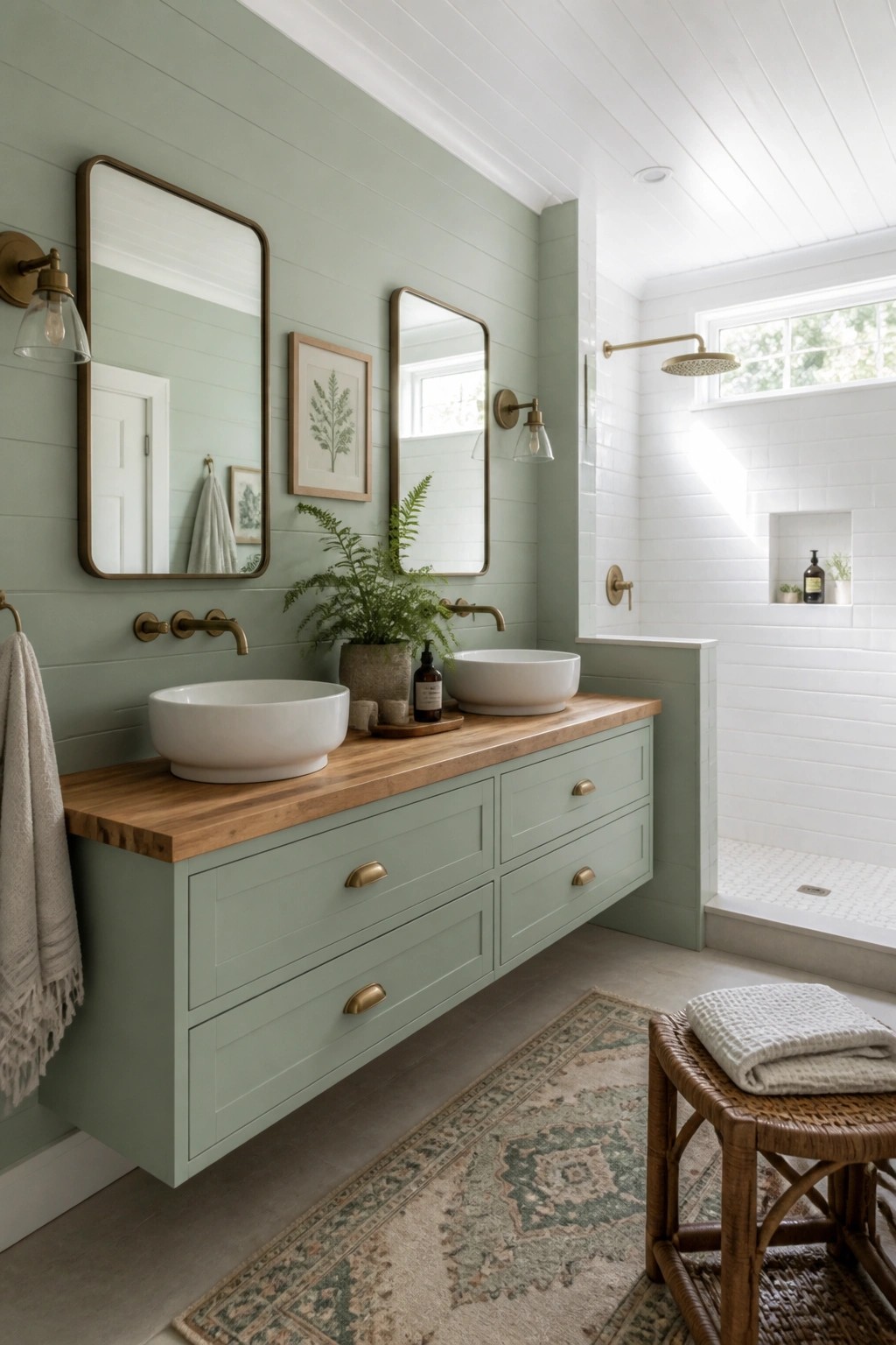 A bathroom with sage green walls, a floating wood vanity with two white vessel sinks, brass fixtures, and a white tiled shower area.