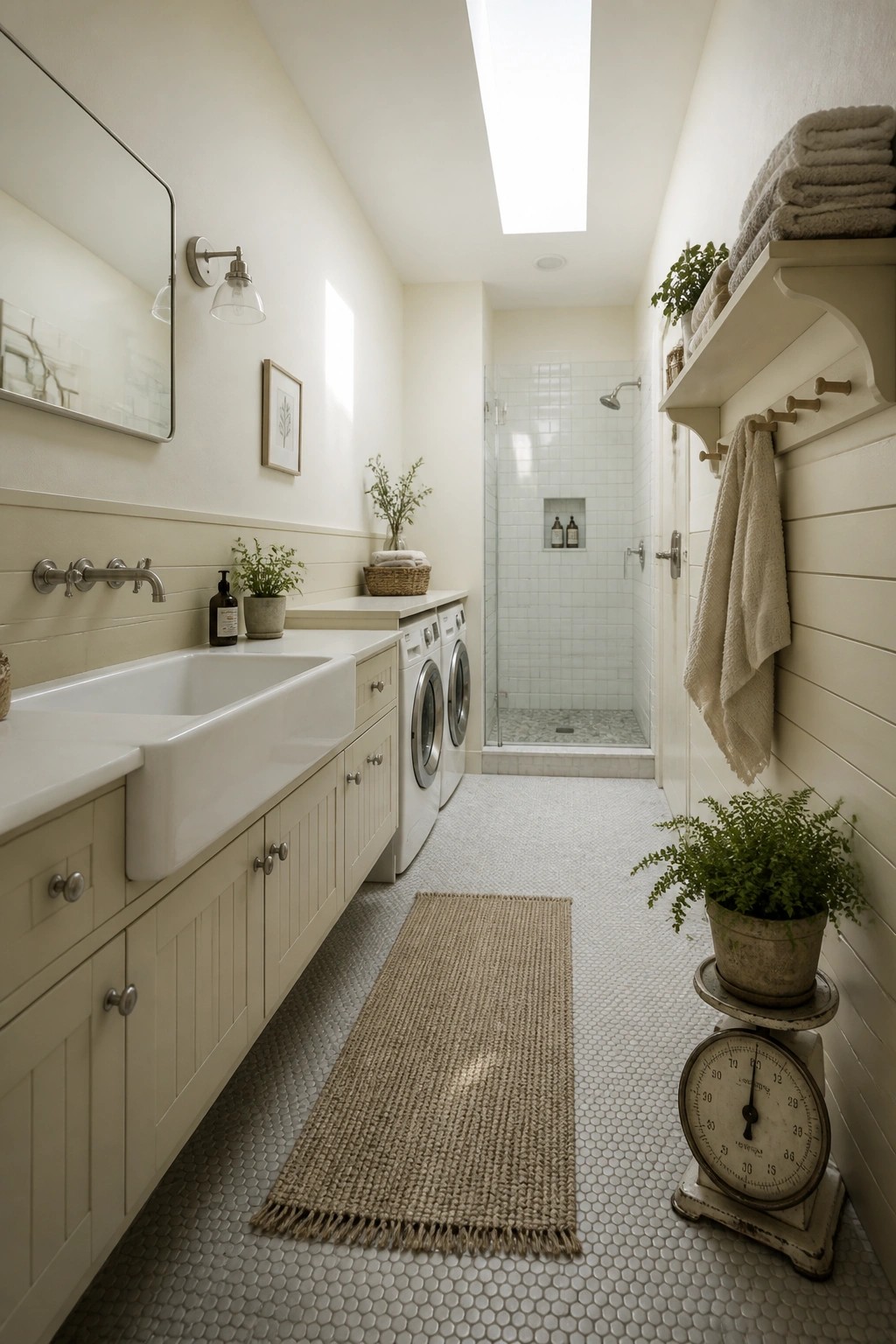A narrow farmhouse bathroom with light cream walls, a white farmhouse sink, washer and dryer, and a skylight above the shower.