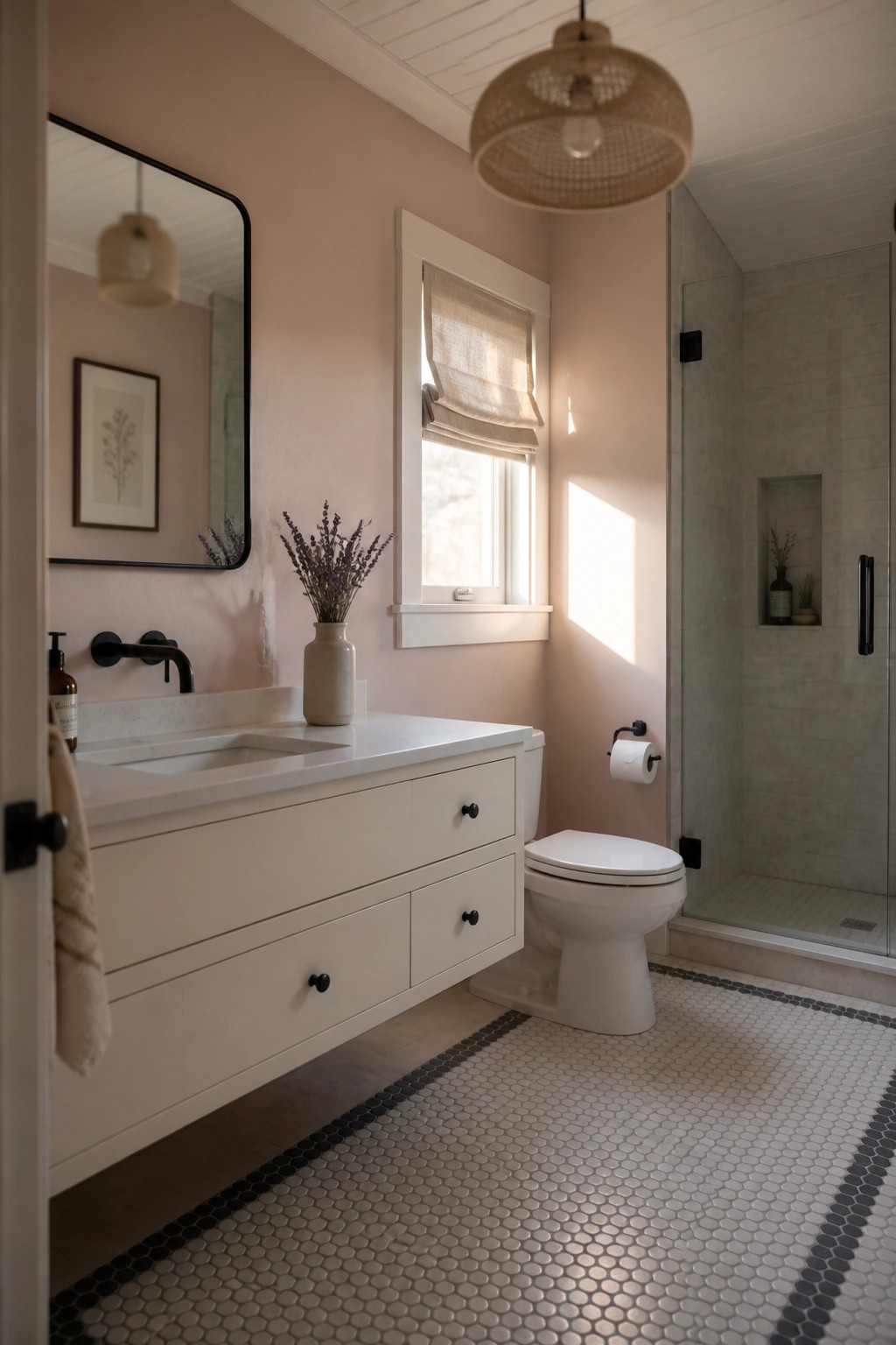 Pink bathroom with white vanity, toilet, glass shower, and hexagonal tiled floor.