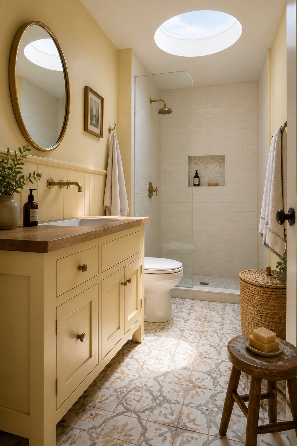 A farmhouse bathroom with pale yellow walls, cream vanity, patterned floor tiles, and a glass shower under a skylight.