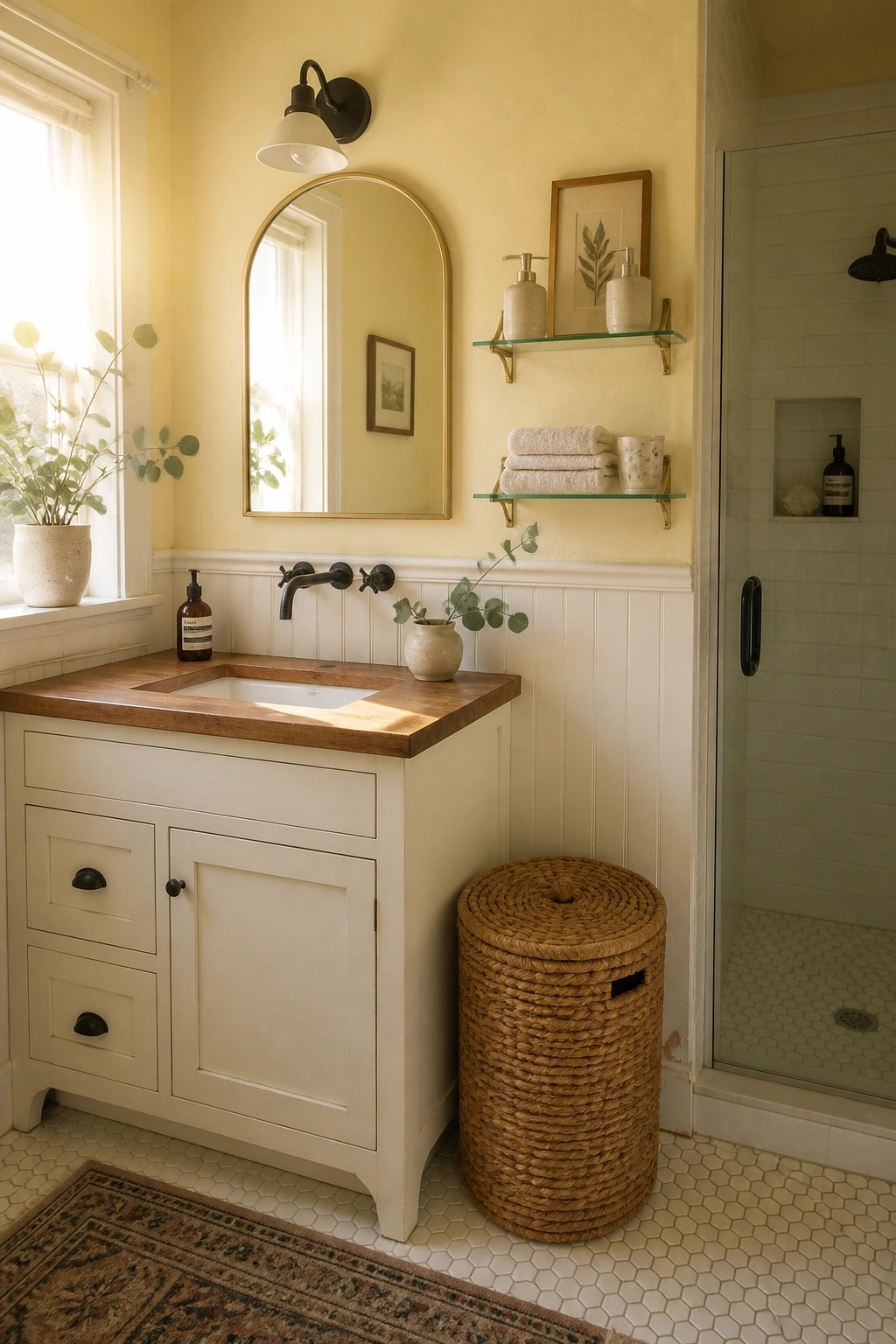 A farmhouse bathroom with pale yellow walls above white beadboard, a wooden vanity, and an arched mirror.