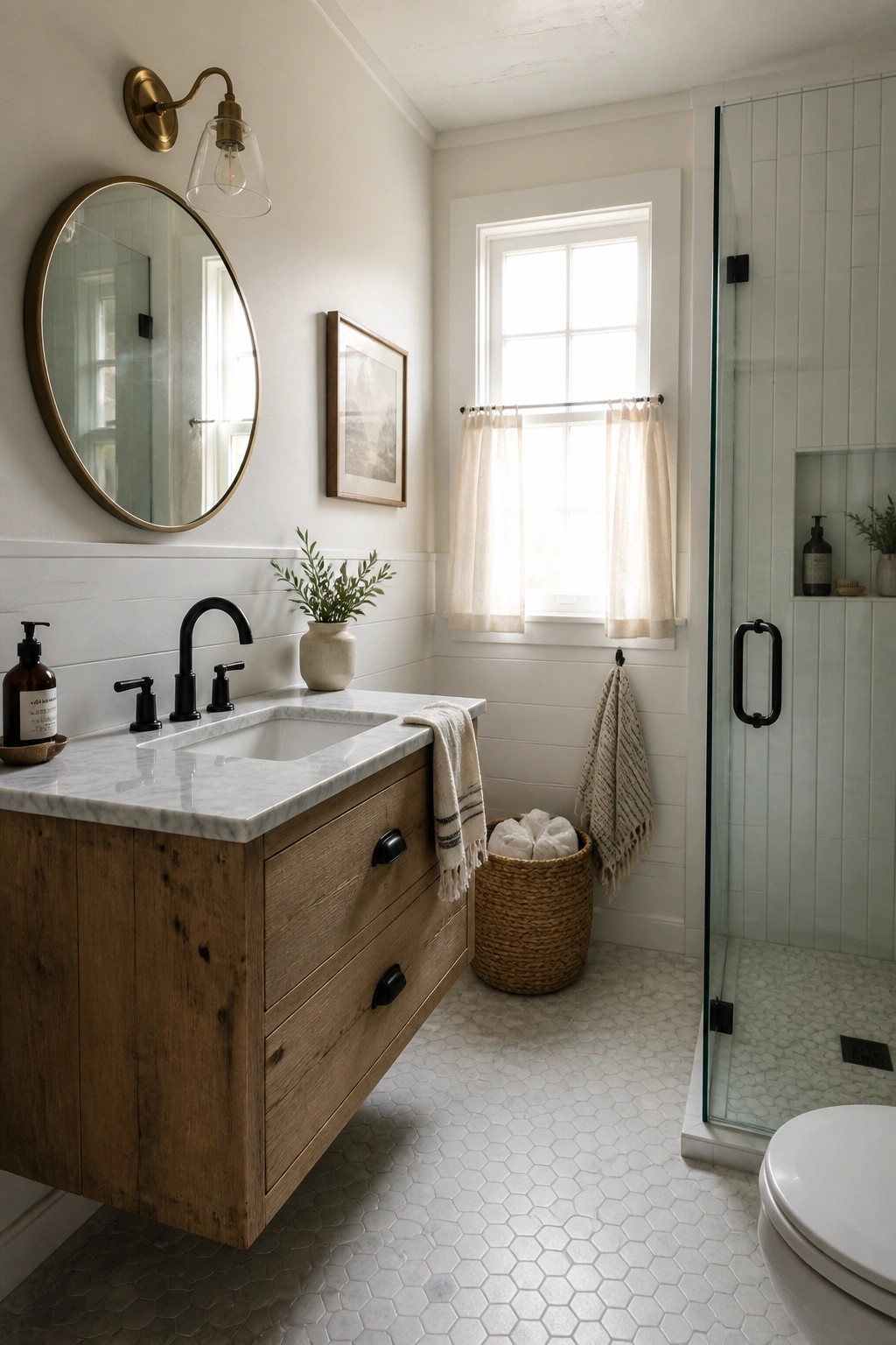A farmhouse bathroom with white walls, white wainscoting, a floating wood vanity with marble countertop, a round mirror, and a glass shower beside a window.