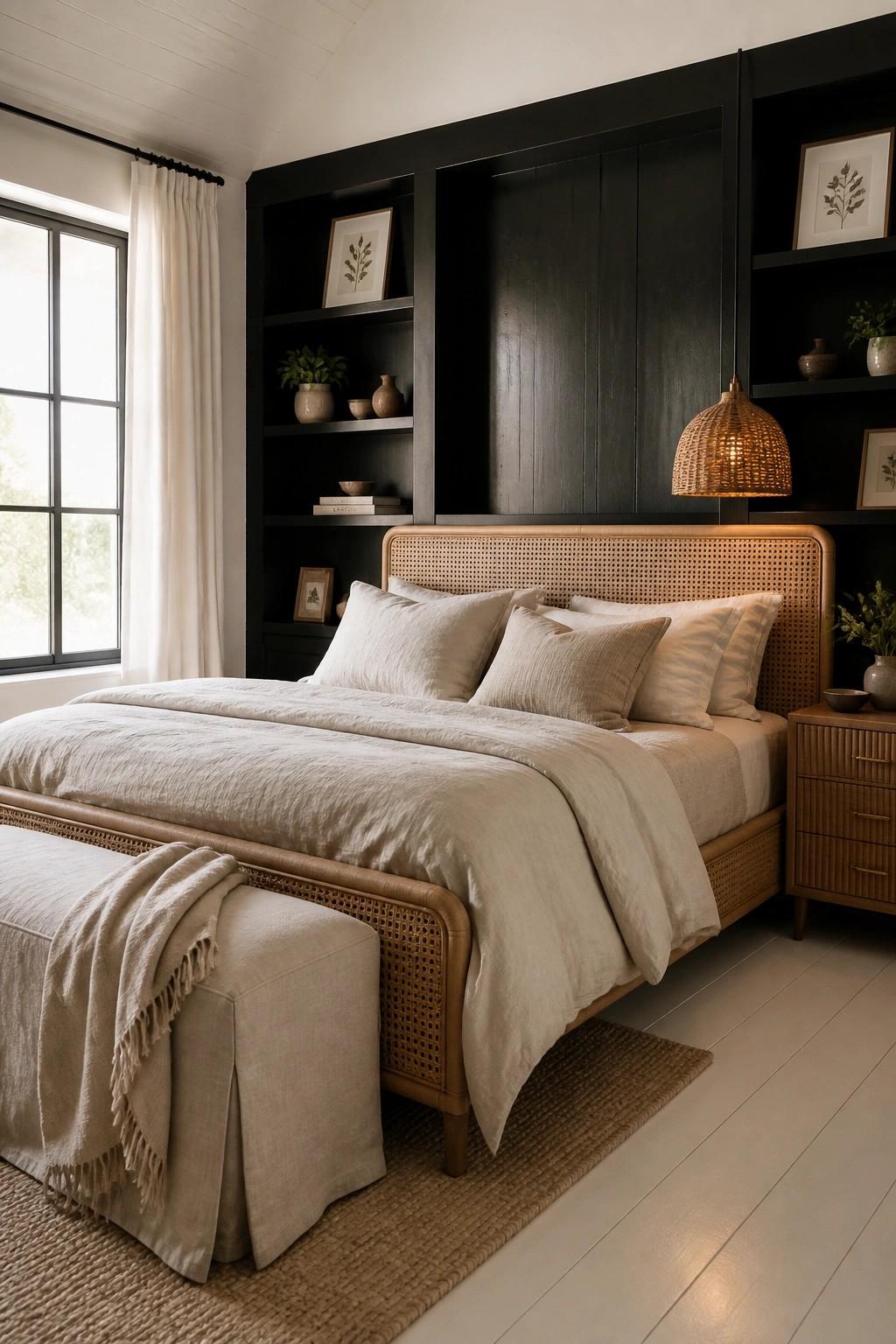 A bedroom featuring a bed with light beige bedding placed in front of black built-in shelves and cabinetry.