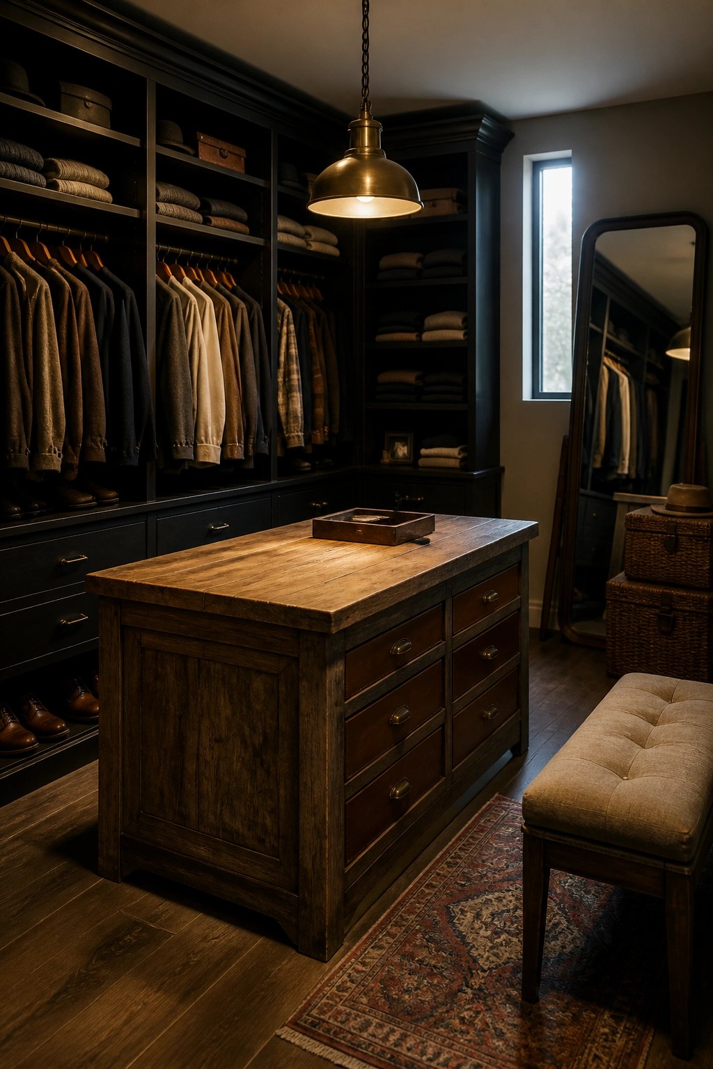 A walk-in closet with black painted built-in cabinetry, a wooden central island, and a brass pendant light.