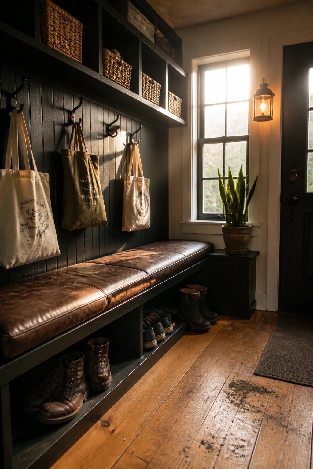 A mudroom with black painted walls and built-in cubbies above a leather bench, with tote bags on hooks and shoes stored below.