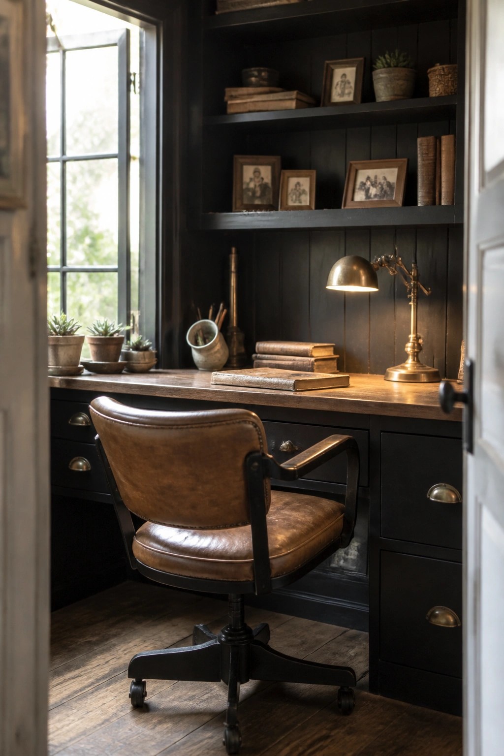 Brown leather chair at wooden desk with lit brass lamp and dark shelves