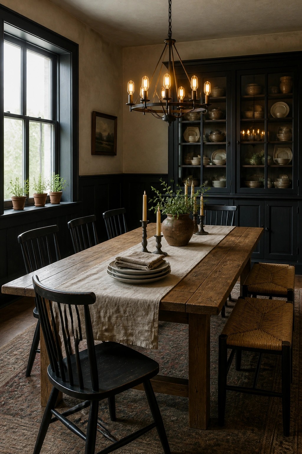 A farmhouse dining room featuring a long wooden table set with plates and candles, black spindle chairs, and tall black built-in cabinetry along the back wall.