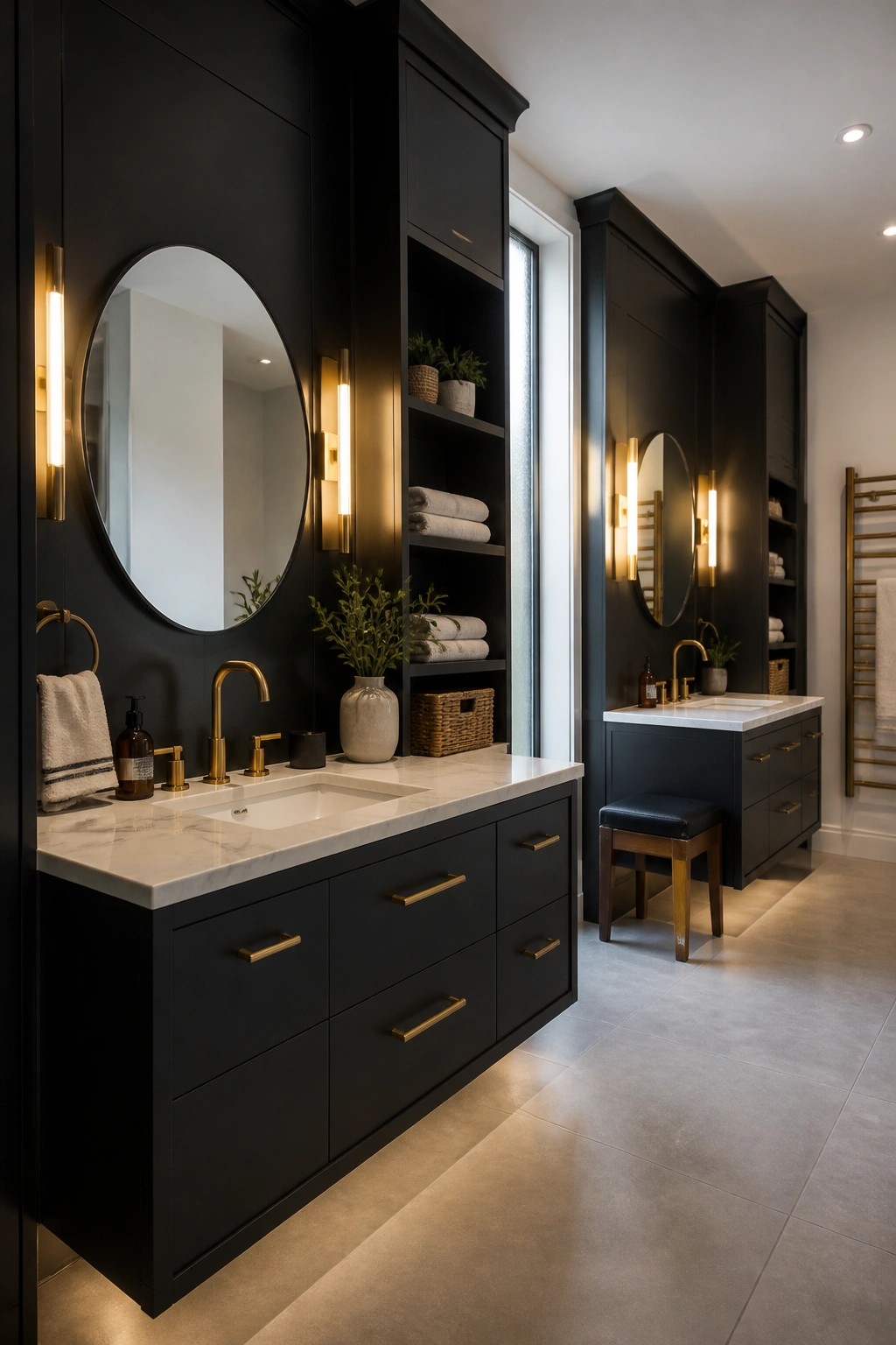 Modern black double vanity bathroom with marble counters, gold fixtures, and round mirrors
